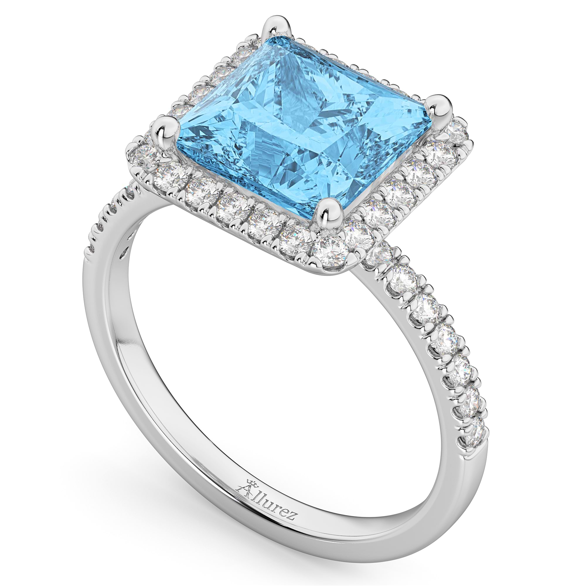 Princess Cut Halo Blue Topaz & Diamond Engagement Ring 14K White Gold 3.47ct