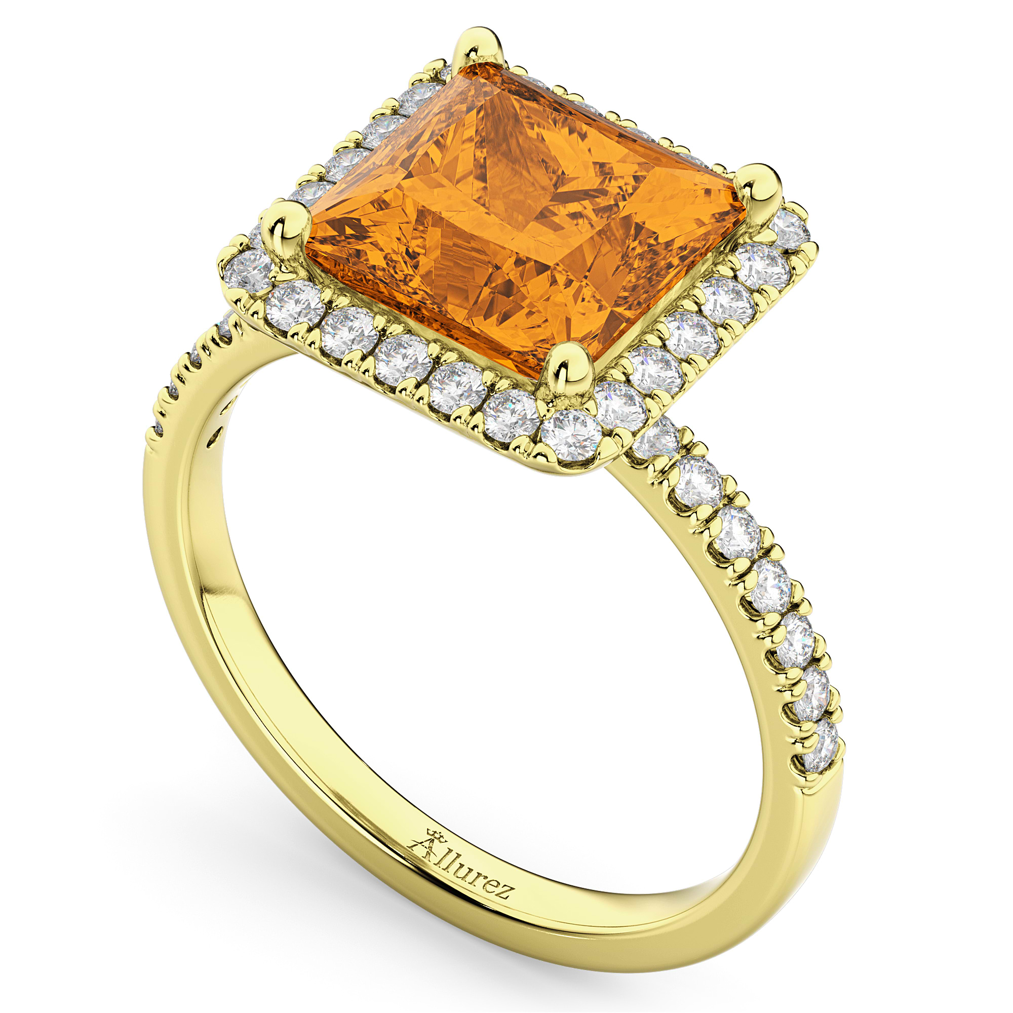 Princess Cut Halo Citrine & Diamond Engagement Ring 14K Yellow Gold 3.47ct