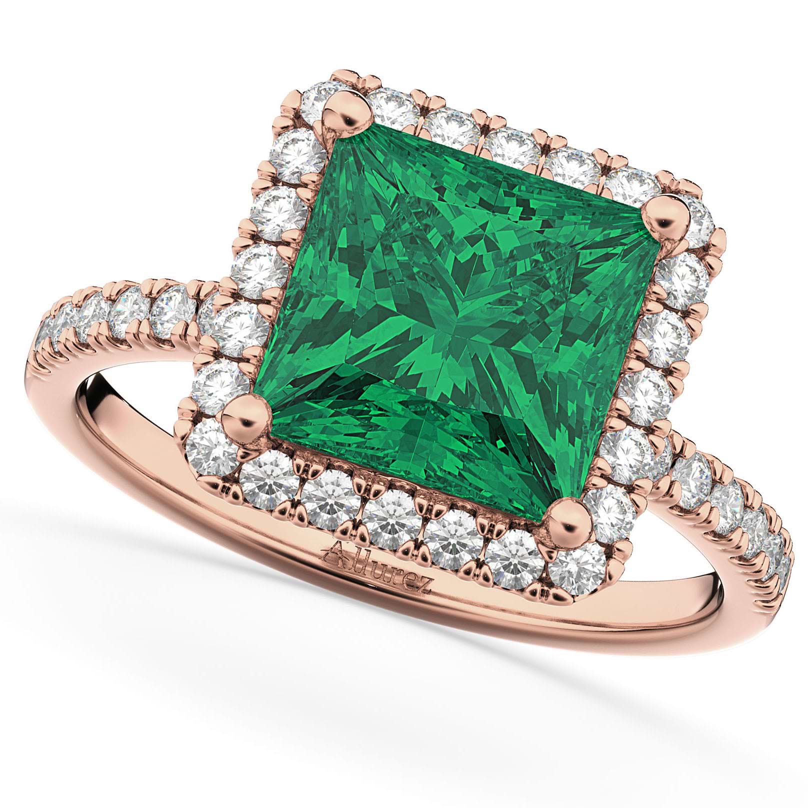 Princess Cut Halo Emerald & Diamond Engagement Ring 14K Rose Gold 3.57ct