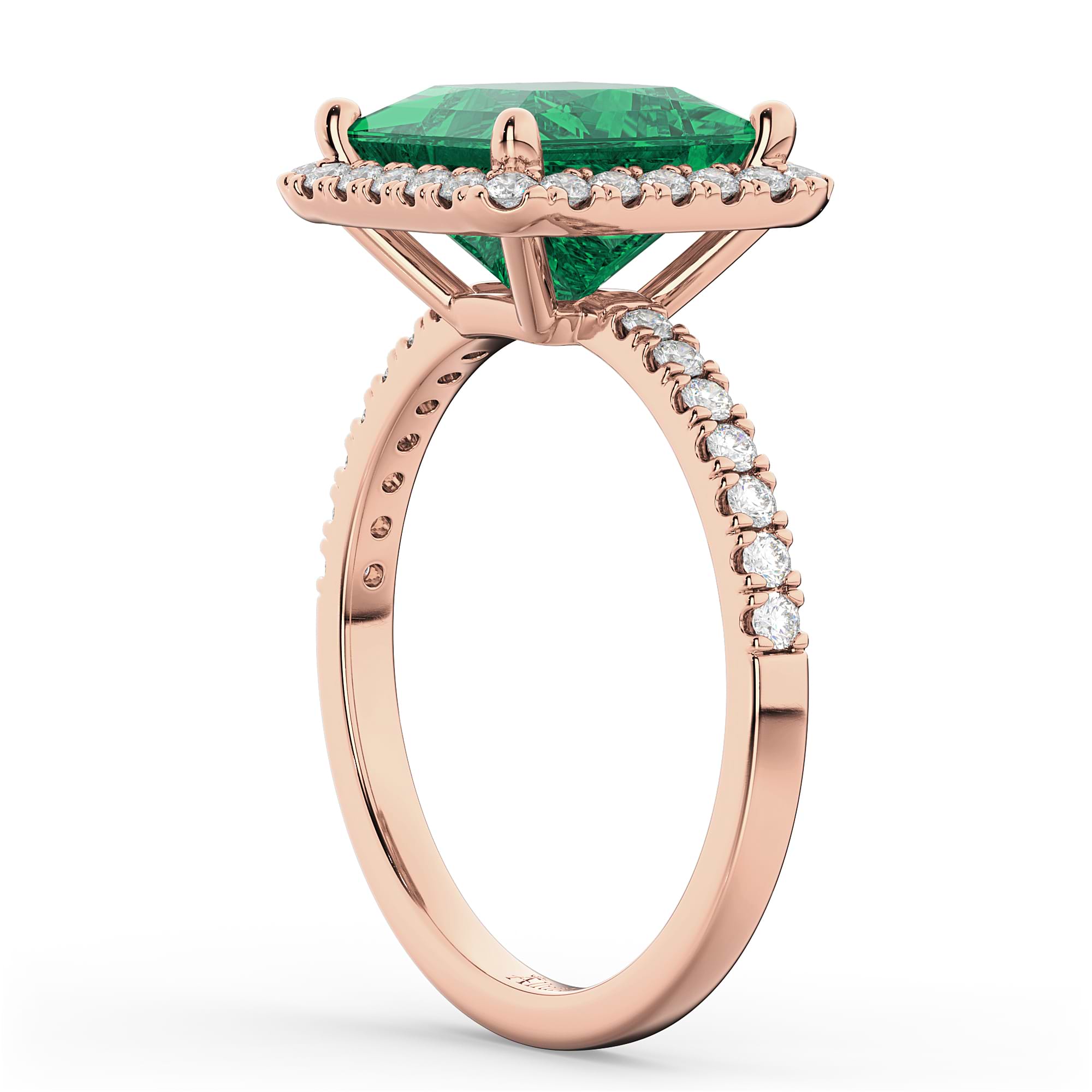 Princess Cut Halo Emerald & Diamond Engagement Ring 14K Rose Gold 3.57ct