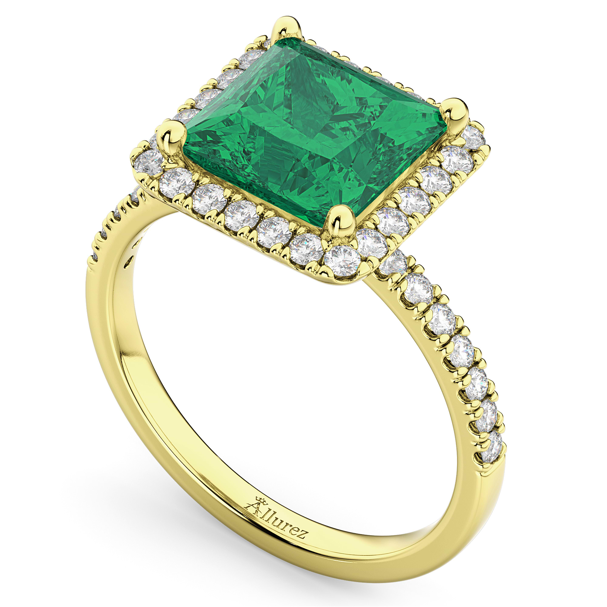 Princess Cut Halo Emerald & Diamond Engagement Ring 14K Yellow Gold 3 ...