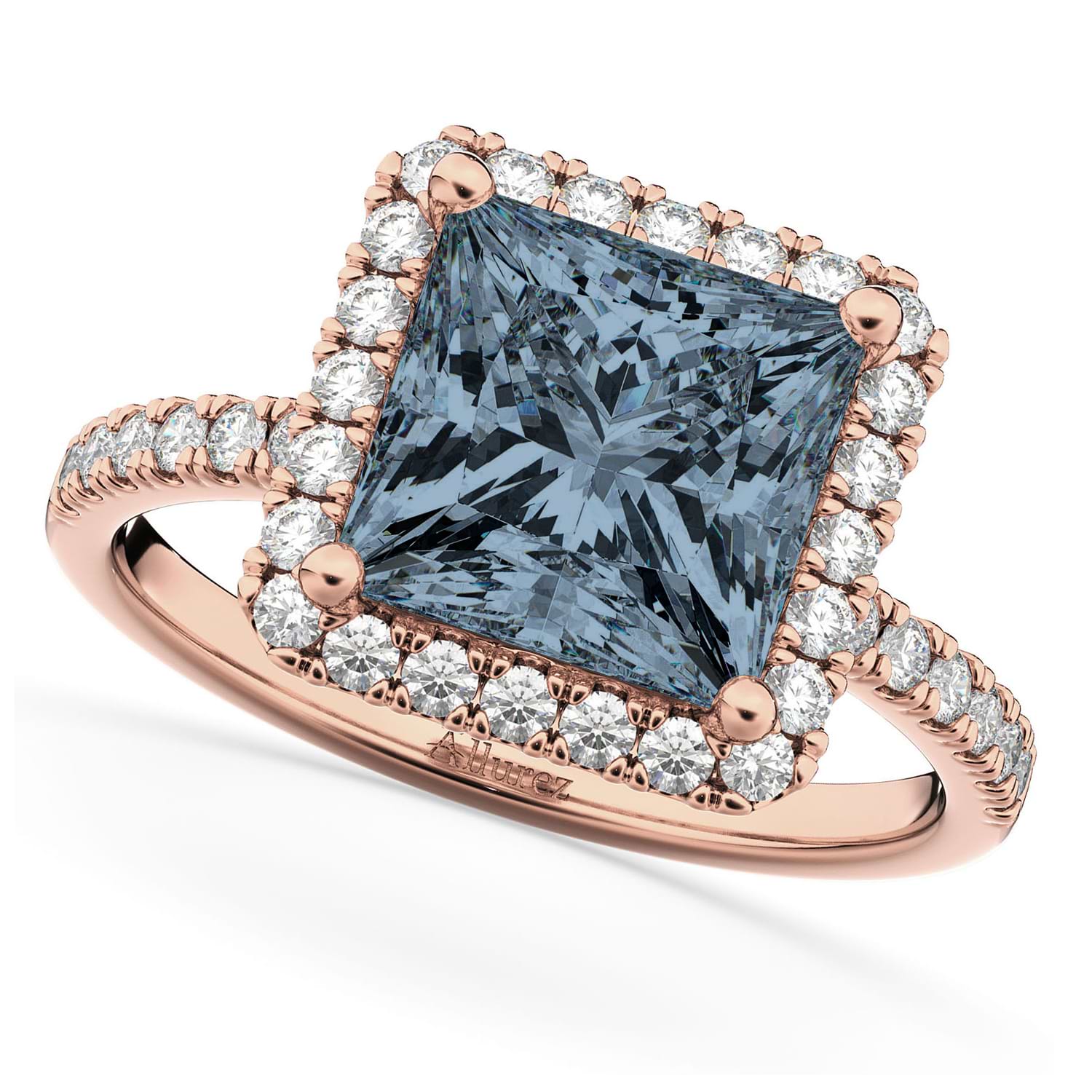 Princess Cut Halo Gray Spinel & Diamond Engagement Ring 14K Rose Gold 3.47ct