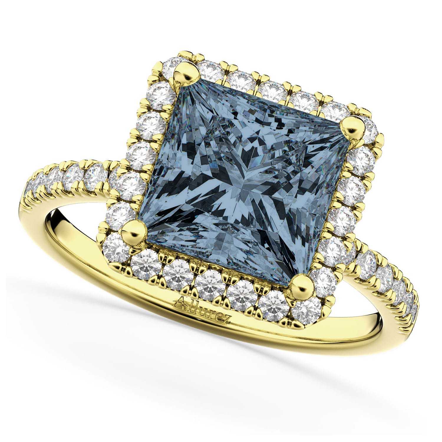 Princess Cut Halo Gray Spinel & Diamond Engagement Ring 14K Yellow Gold 3.47ct