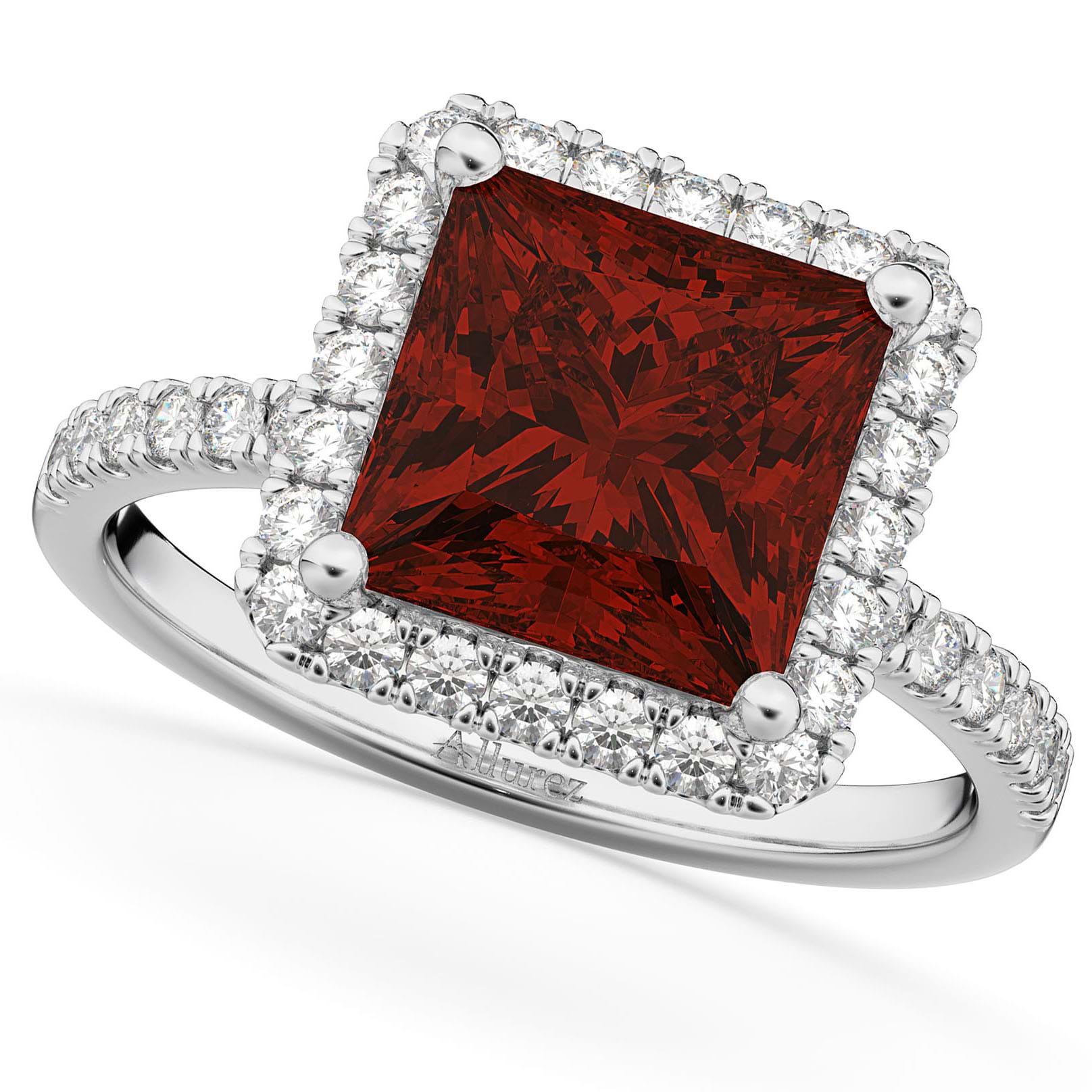 Princess Cut Halo Garnet & Diamond Engagement Ring 14K White Gold 3.47ct