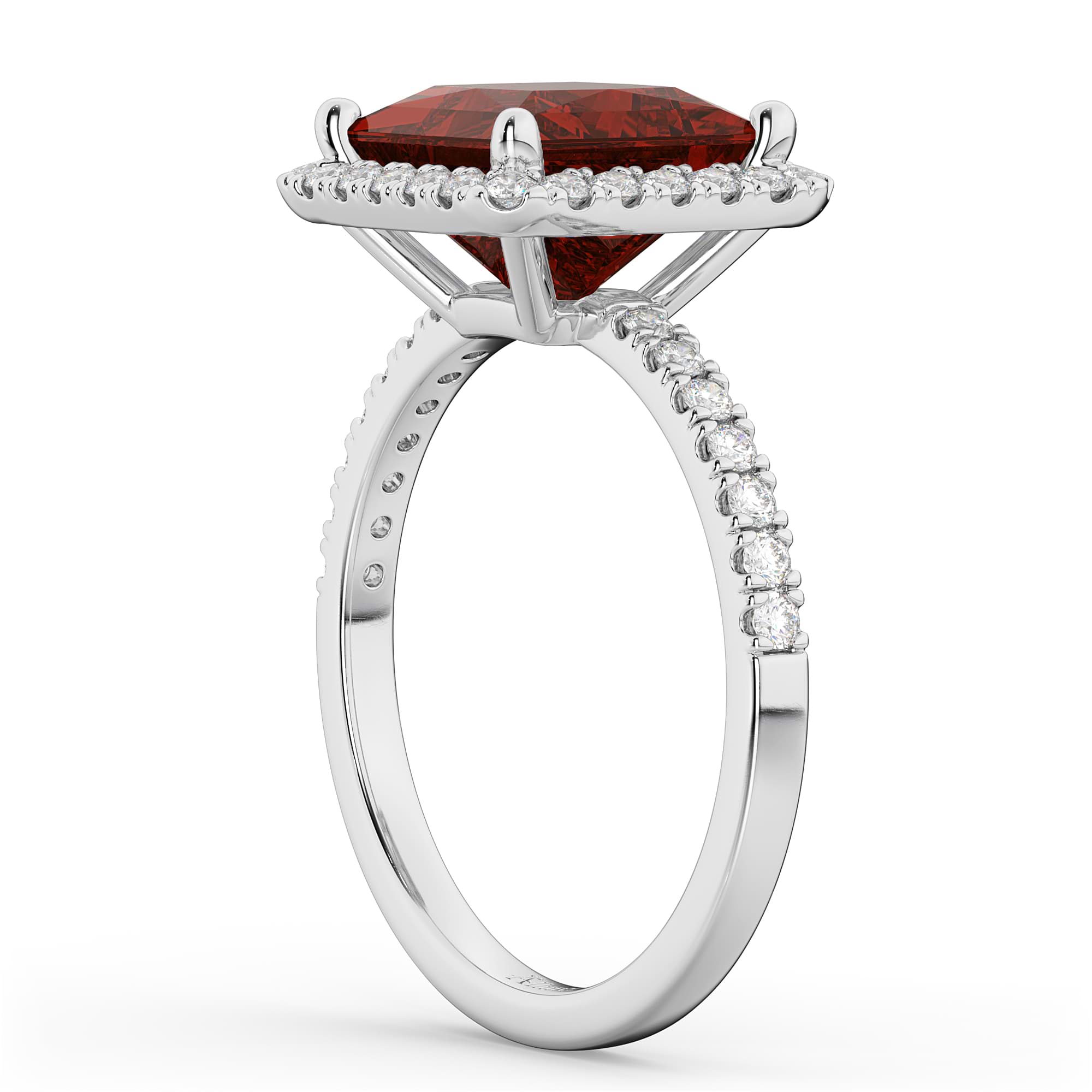 Princess Cut Halo Garnet & Diamond Engagement Ring 14K White Gold 3.47ct