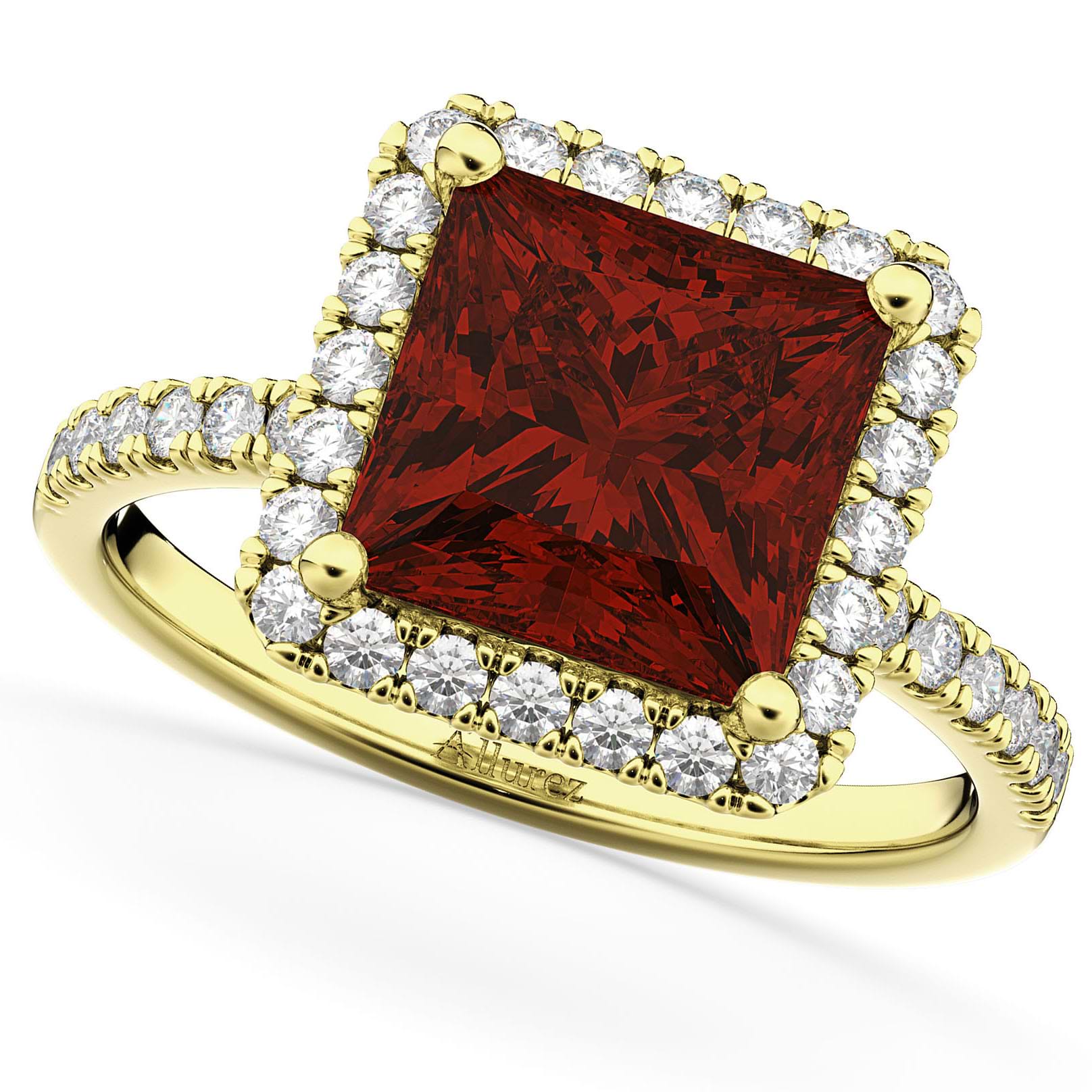 Princess Cut Halo Garnet & Diamond Engagement Ring 14K Yellow Gold 3.47ct