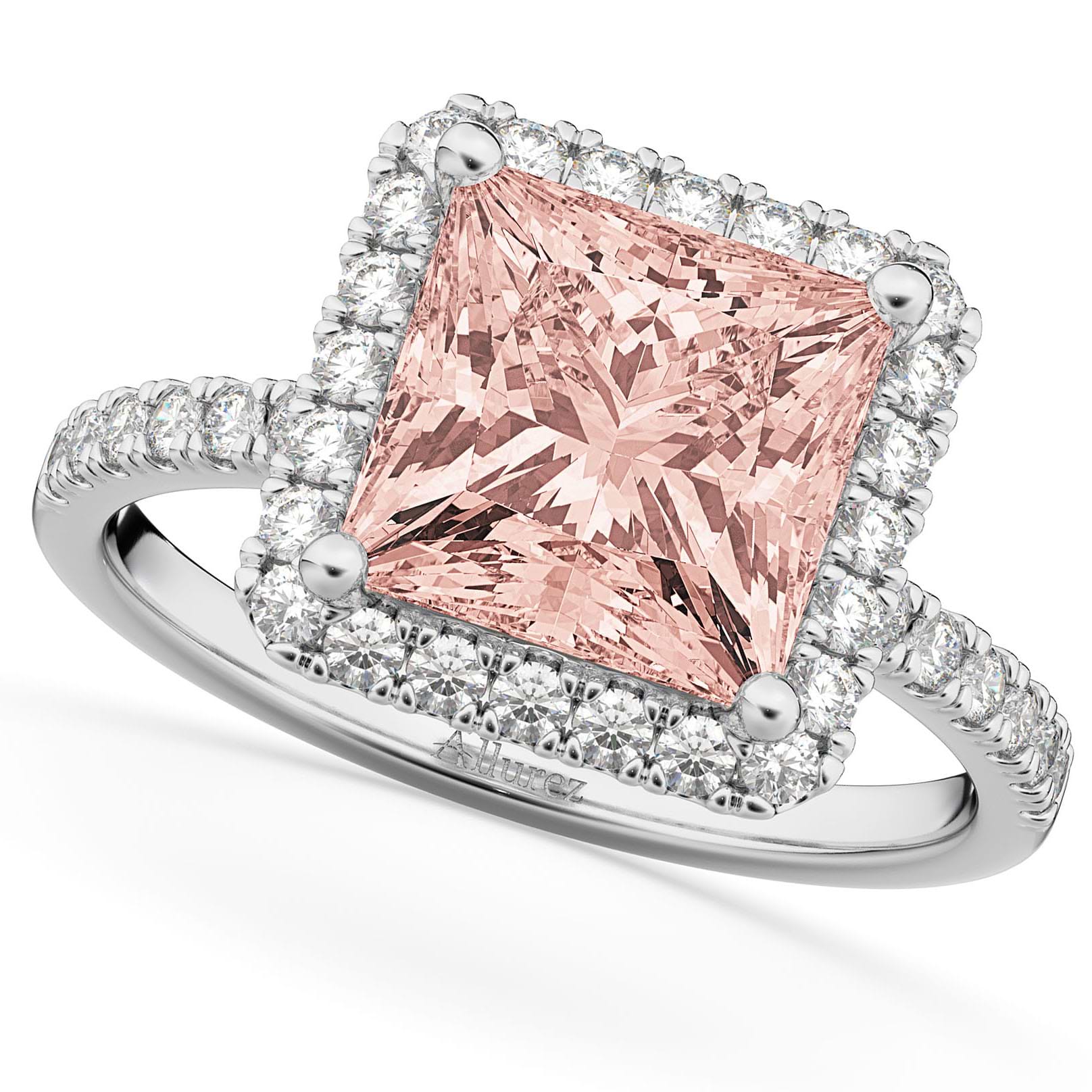 Princess Cut Halo Morganite & Diamond Engagement Ring 14K White Gold 3.47ct
