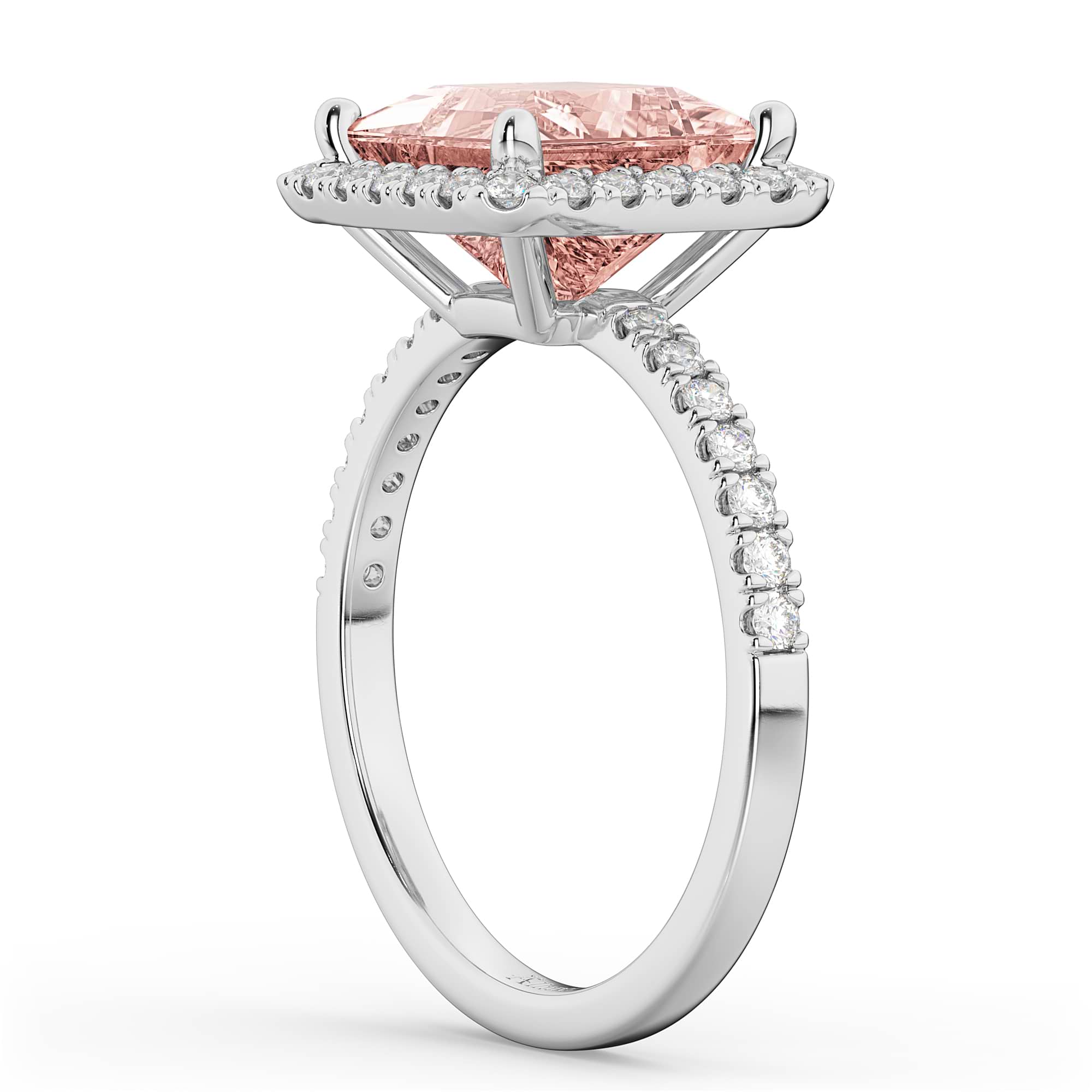 Princess Cut Halo Morganite & Diamond Engagement Ring 14K White Gold 3.47ct