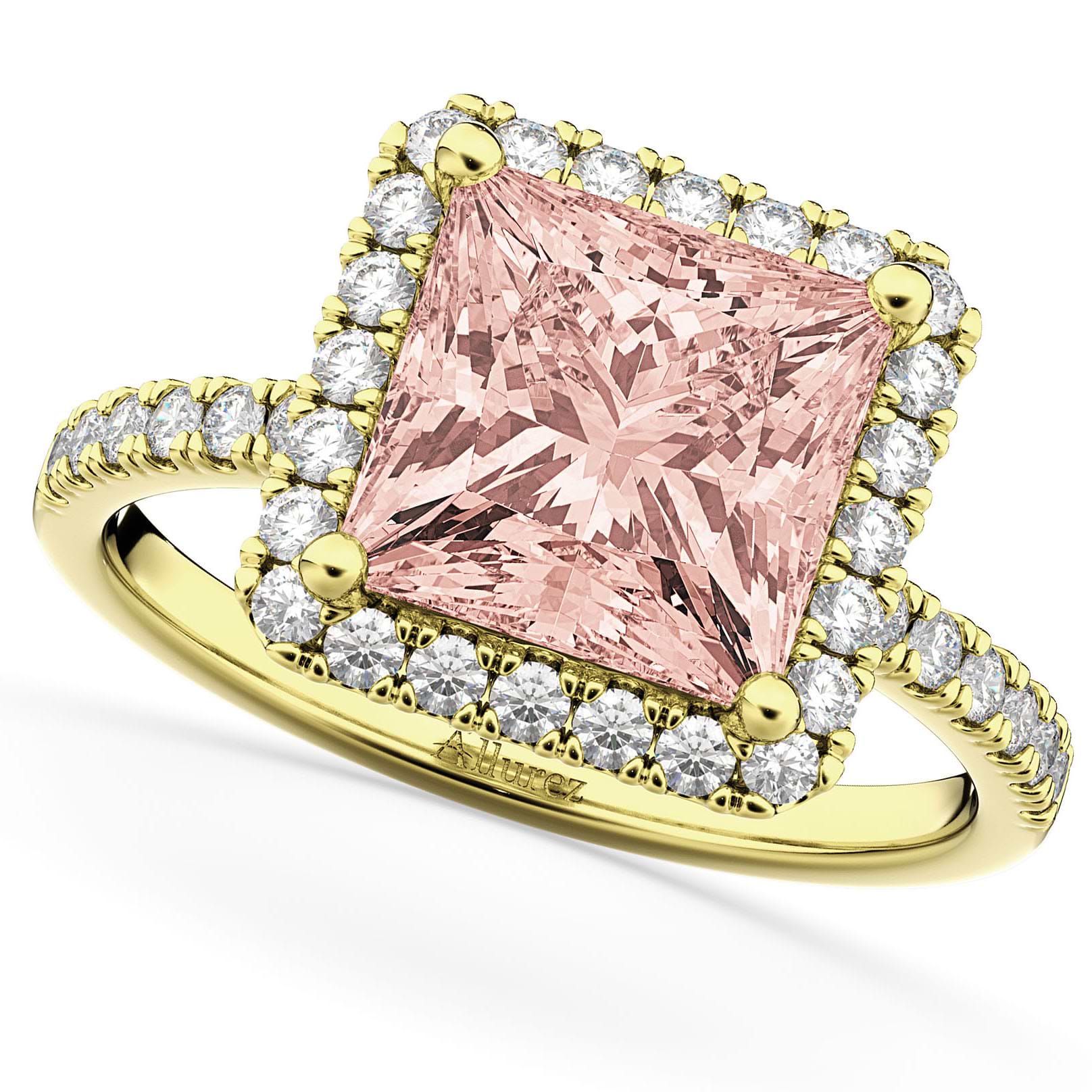 Princess Cut Halo Morganite & Diamond Engagement Ring 14K Yellow Gold 3.47ct