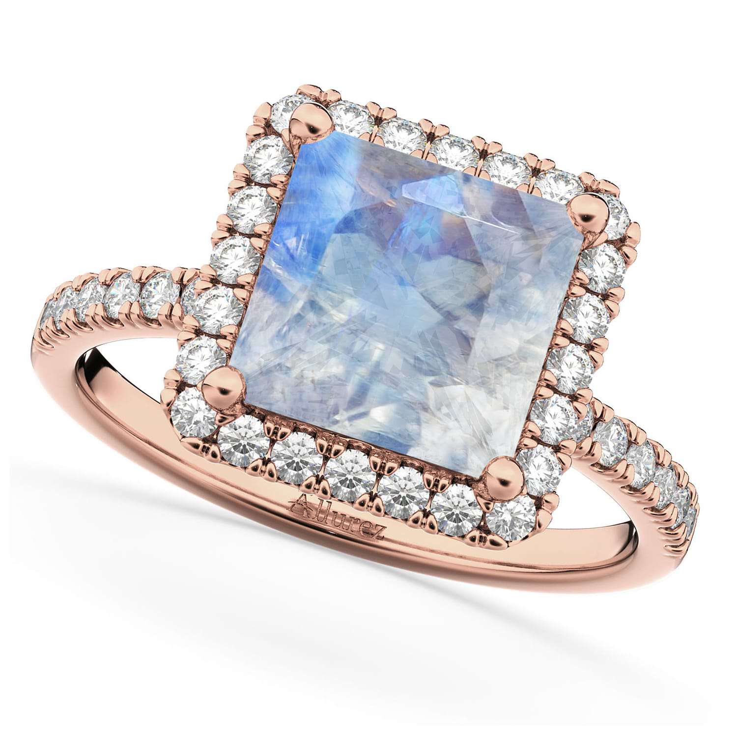 Princess Cut Halo Moonstone & Diamond Engagement Ring 14K Rose Gold 3.47ct