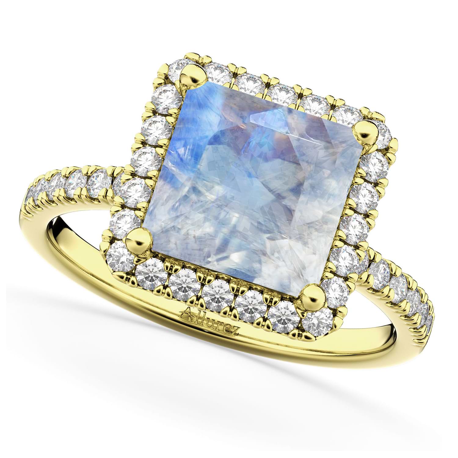 Princess Cut Halo Moonstone & Diamond Engagement Ring 14K Yellow Gold 3.47ct