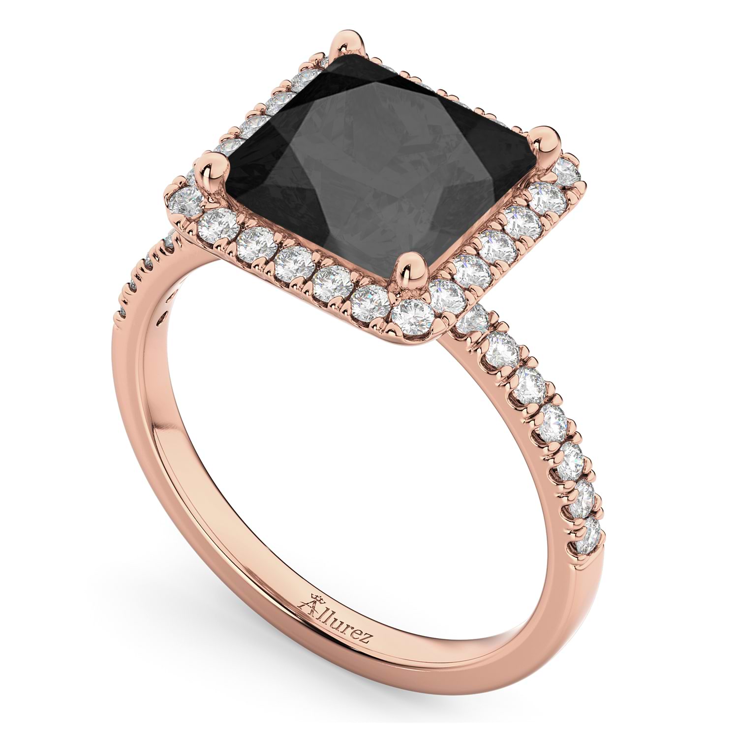 Princess Cut Halo Black Onyx & Diamond Engagement Ring 14K Rose Gold 3.47ct