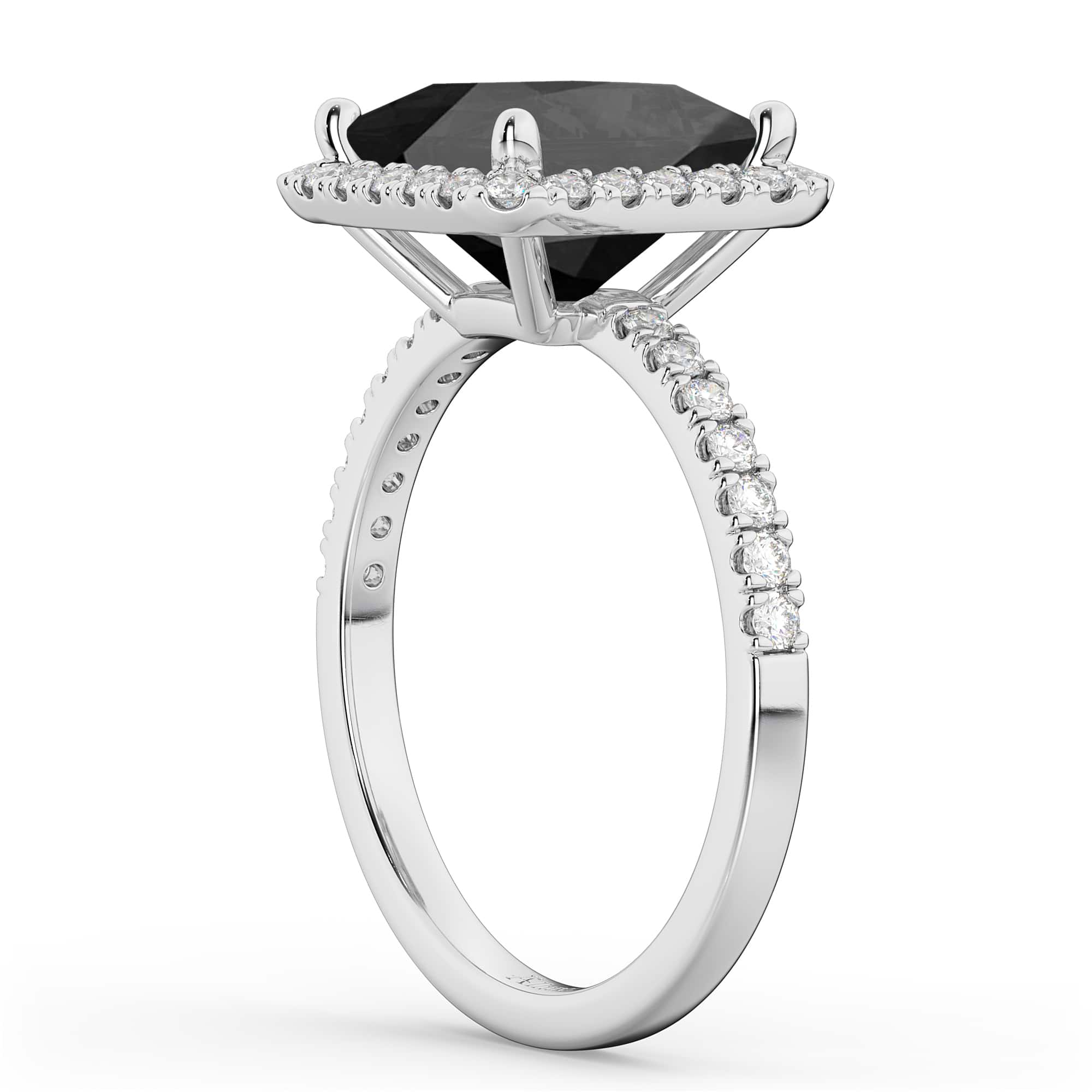 Princess Cut Halo Black Onyx & Diamond Engagement Ring 14K White Gold 3.47ct
