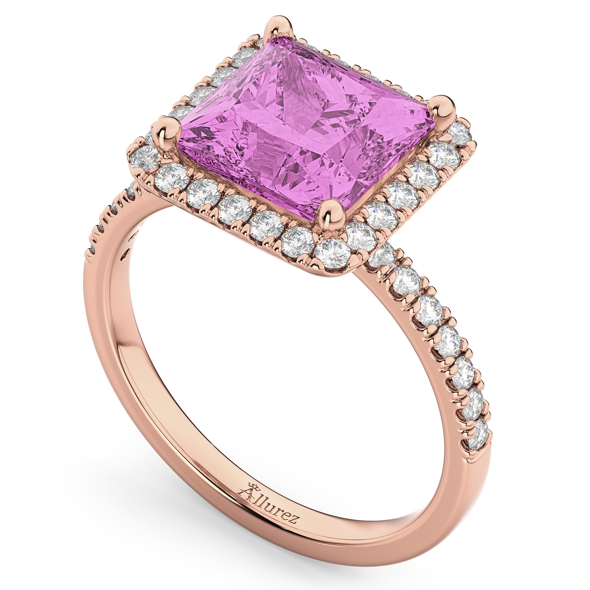 Princess Cut Halo Pink Sapphire & Diamond Engagement Ring 14K Rose Gold 3.47ct