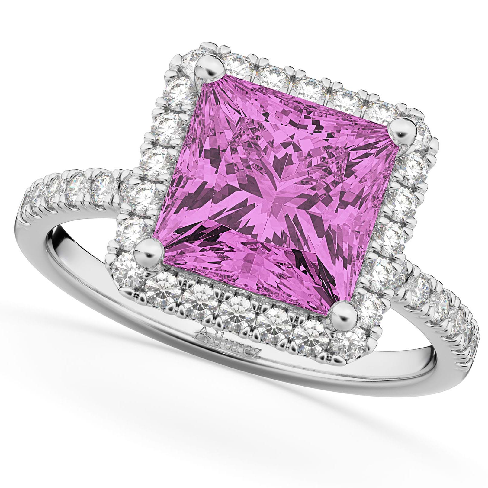 Princess Cut Halo Pink Sapphire & Diamond Engagement Ring 14K White Gold 3.47ct