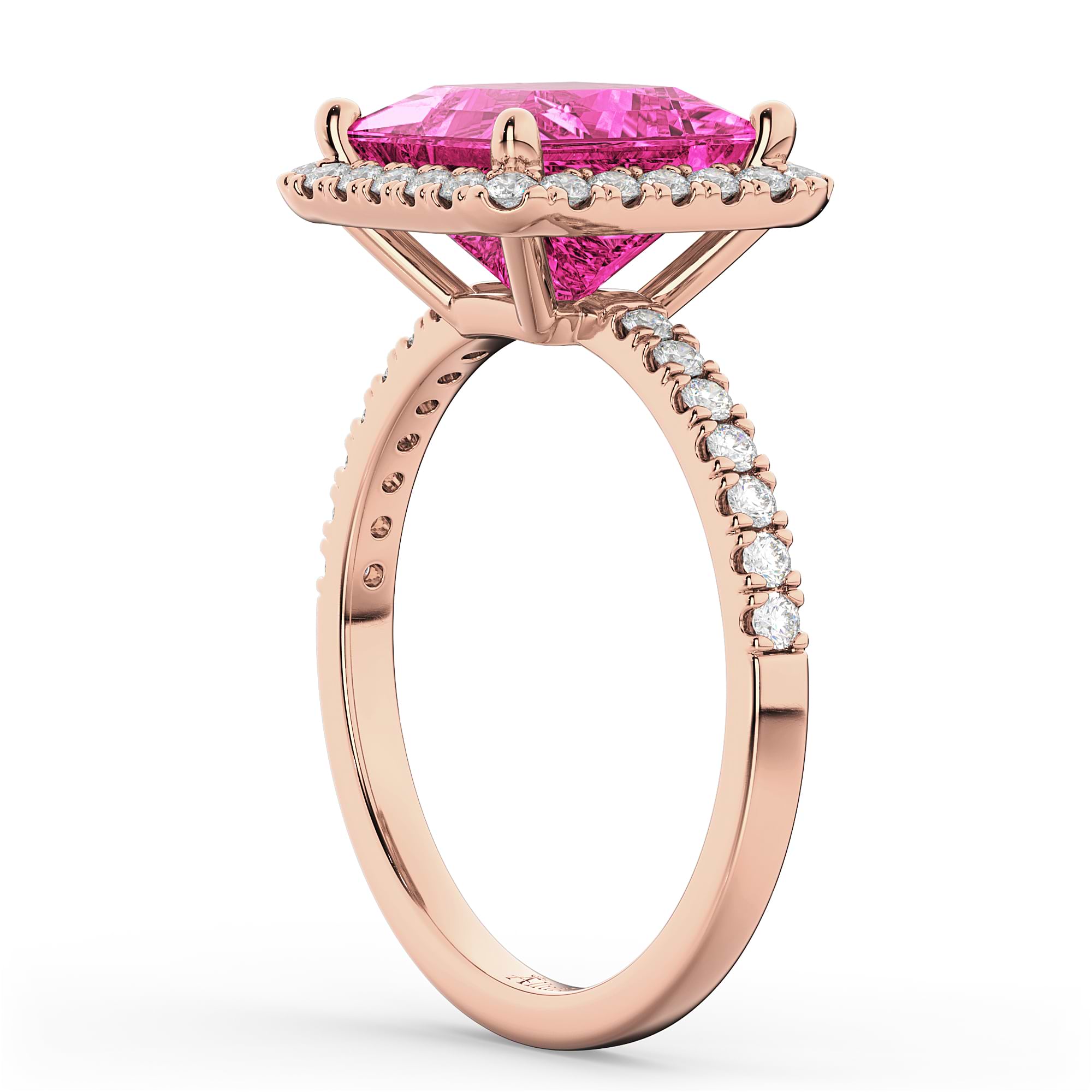 Princess Cut Halo Pink Tourmaline & Diamond Engagement Ring 14K Rose Gold 3.47ct