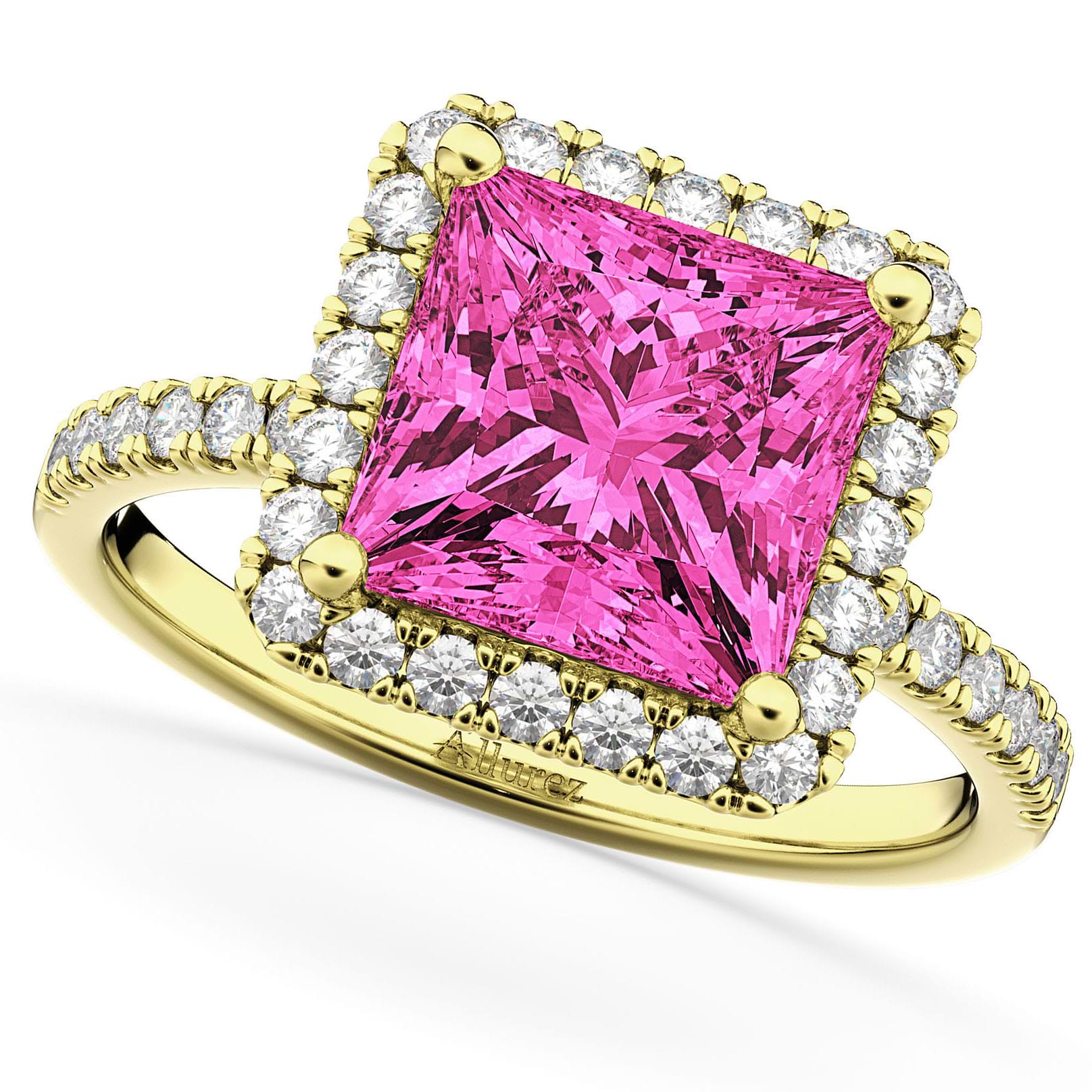 Princess Cut Halo Pink Tourmaline & Diamond Engagement Ring 14K Yellow Gold 3.47ct