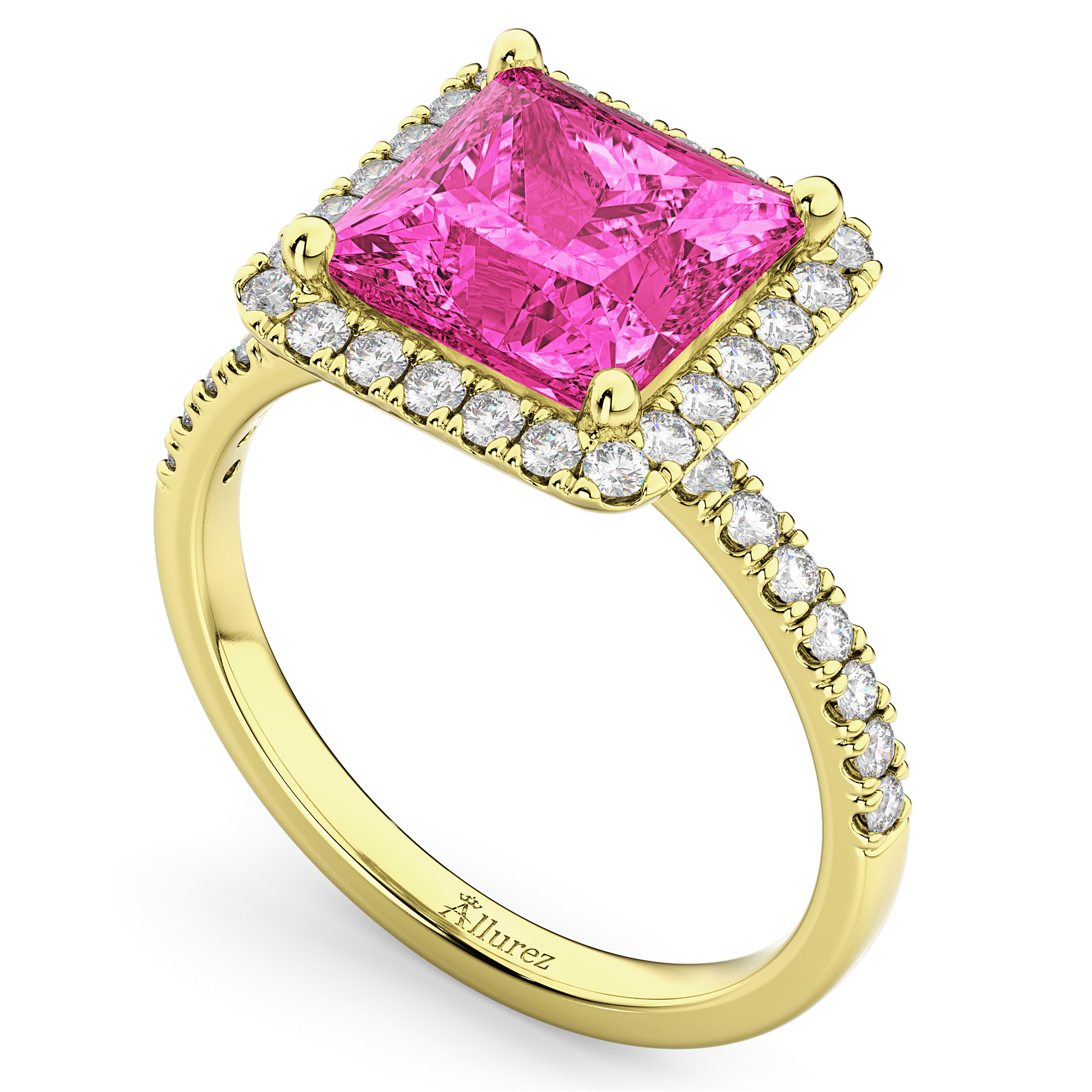 Princess Cut Halo Pink Tourmaline & Diamond Engagement Ring 14K Yellow Gold 3.47ct