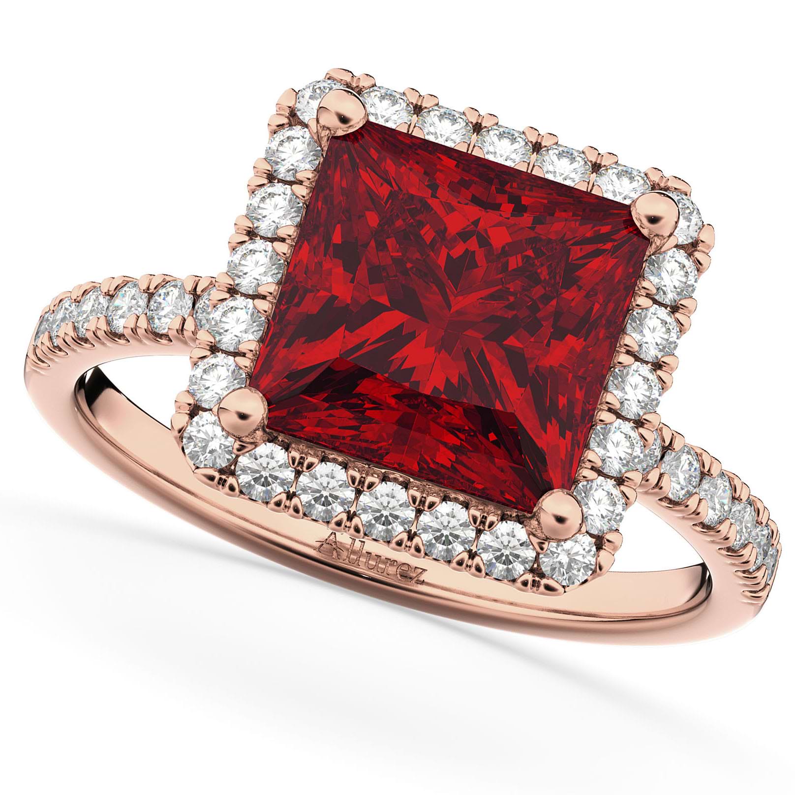 Princess Cut Halo Ruby & Diamond Engagement Ring 14K Rose Gold 3.47ct