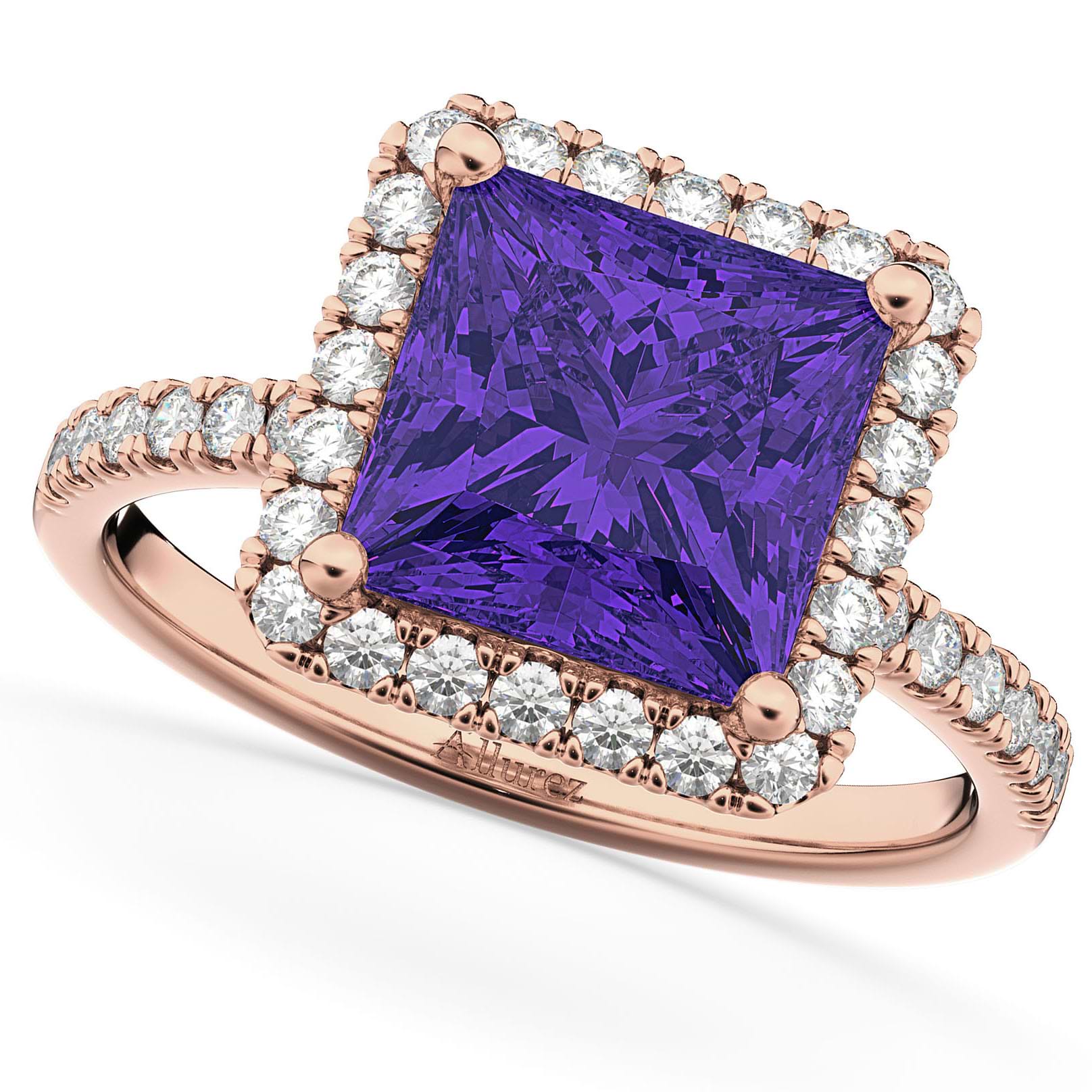 Princess Cut Halo Tanzanite & Diamond Engagement Ring 14K Rose Gold 3.47ct