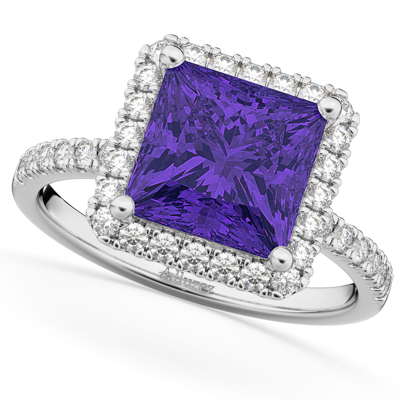 Princess Cut Halo Tanzanite & Diamond Engagement Ring 14K White Gold 3.47ct