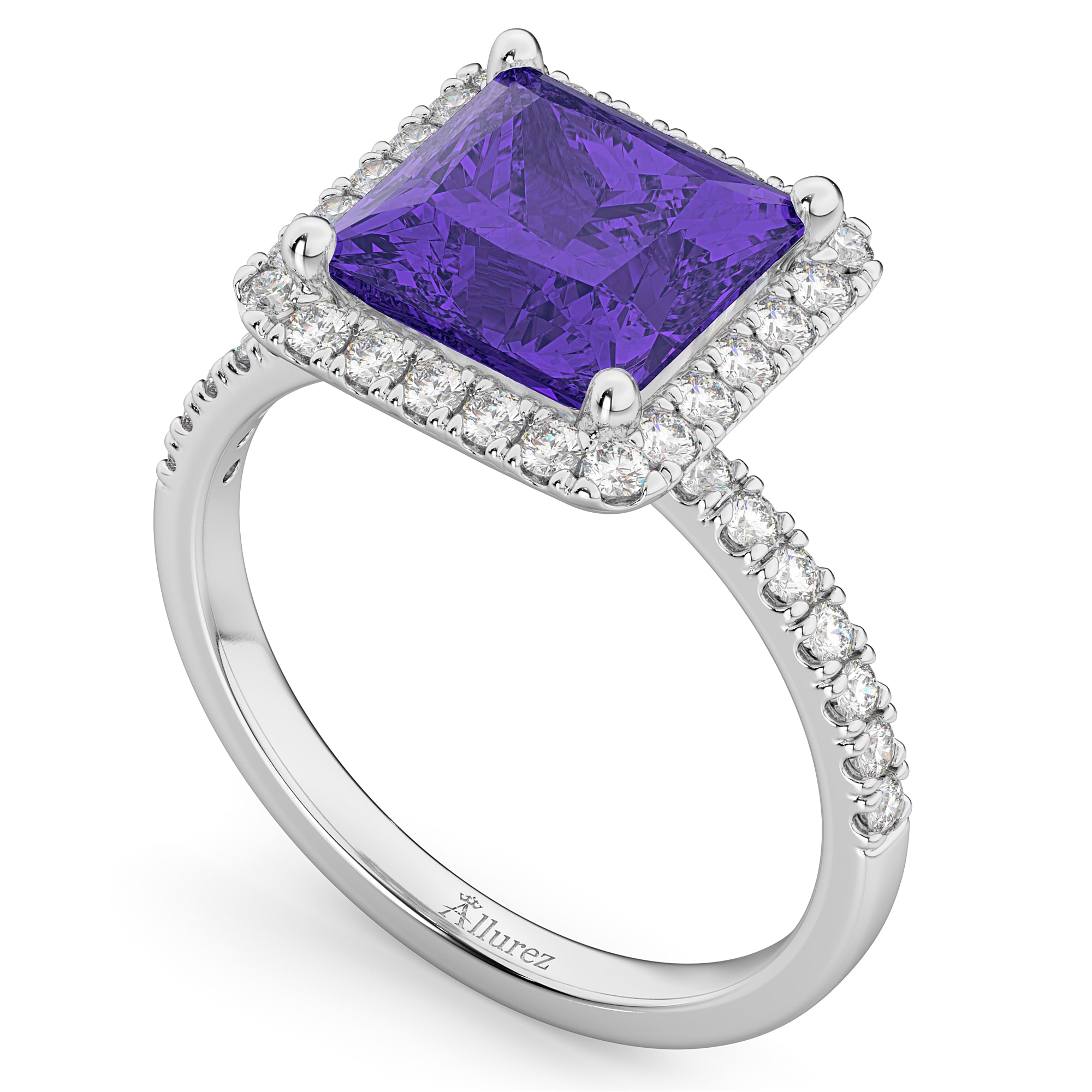 Princess Cut Halo Tanzanite & Diamond Engagement Ring 14K White Gold 3.47ct