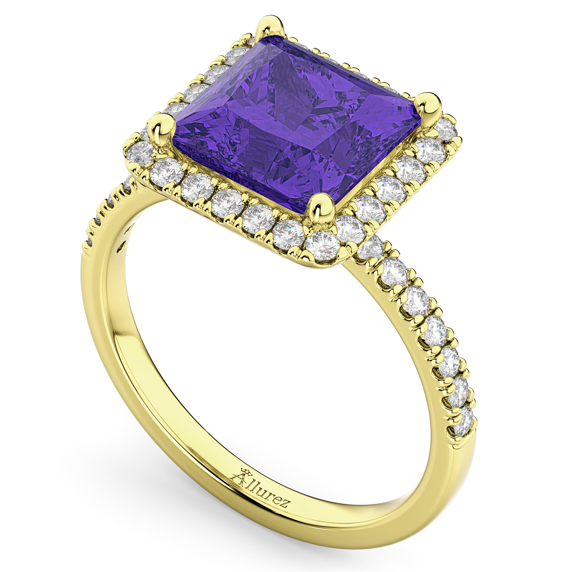 Princess Cut Halo Tanzanite & Diamond Engagement Ring 14K Yellow Gold 3.47ct