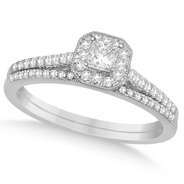 Square Halo Diamond Engagement Ring & Band Bridal Set 14K W. Gold 0.40ct