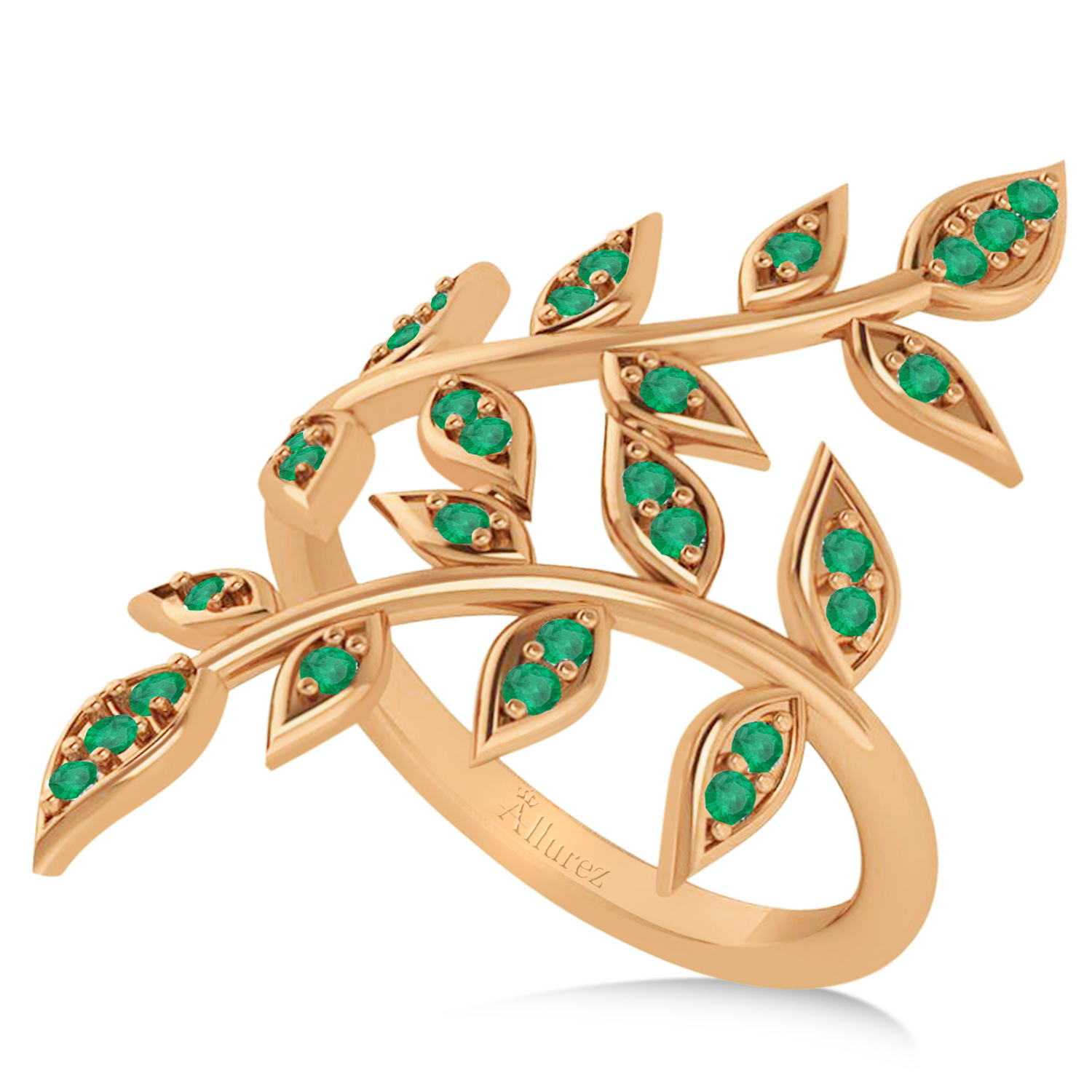Emerald Olive Leaf Vine Fashion Ring 14k Rose Gold (0.28ct)