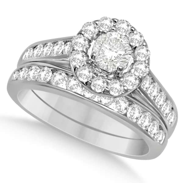 Diamond Halo Engagement Ring & Band 14K White Gold Bridal Set 1.52ct