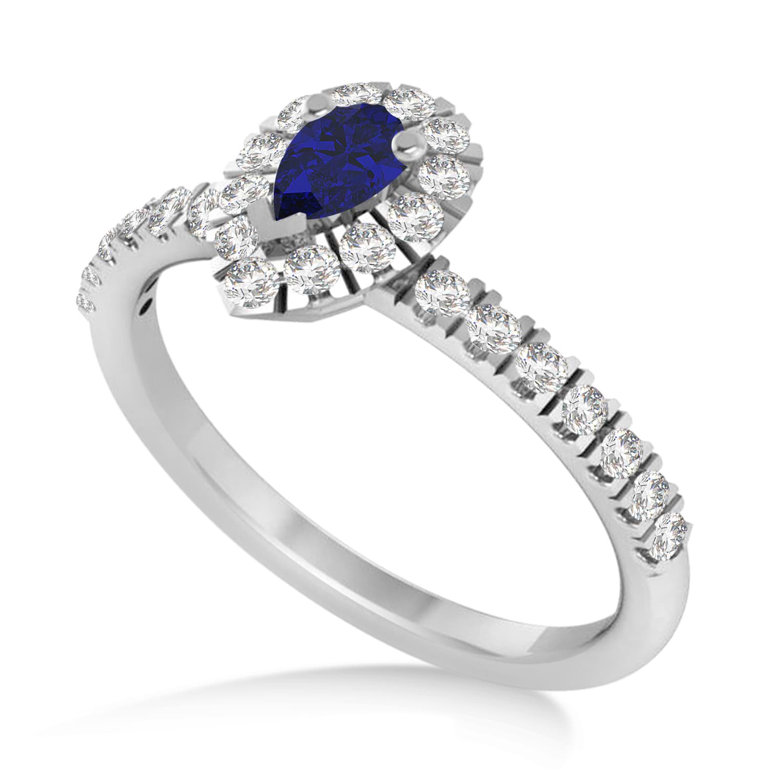 Pear Blue Sapphire & Diamond Halo Engagement Ring 14k White Gold (0.63ct)