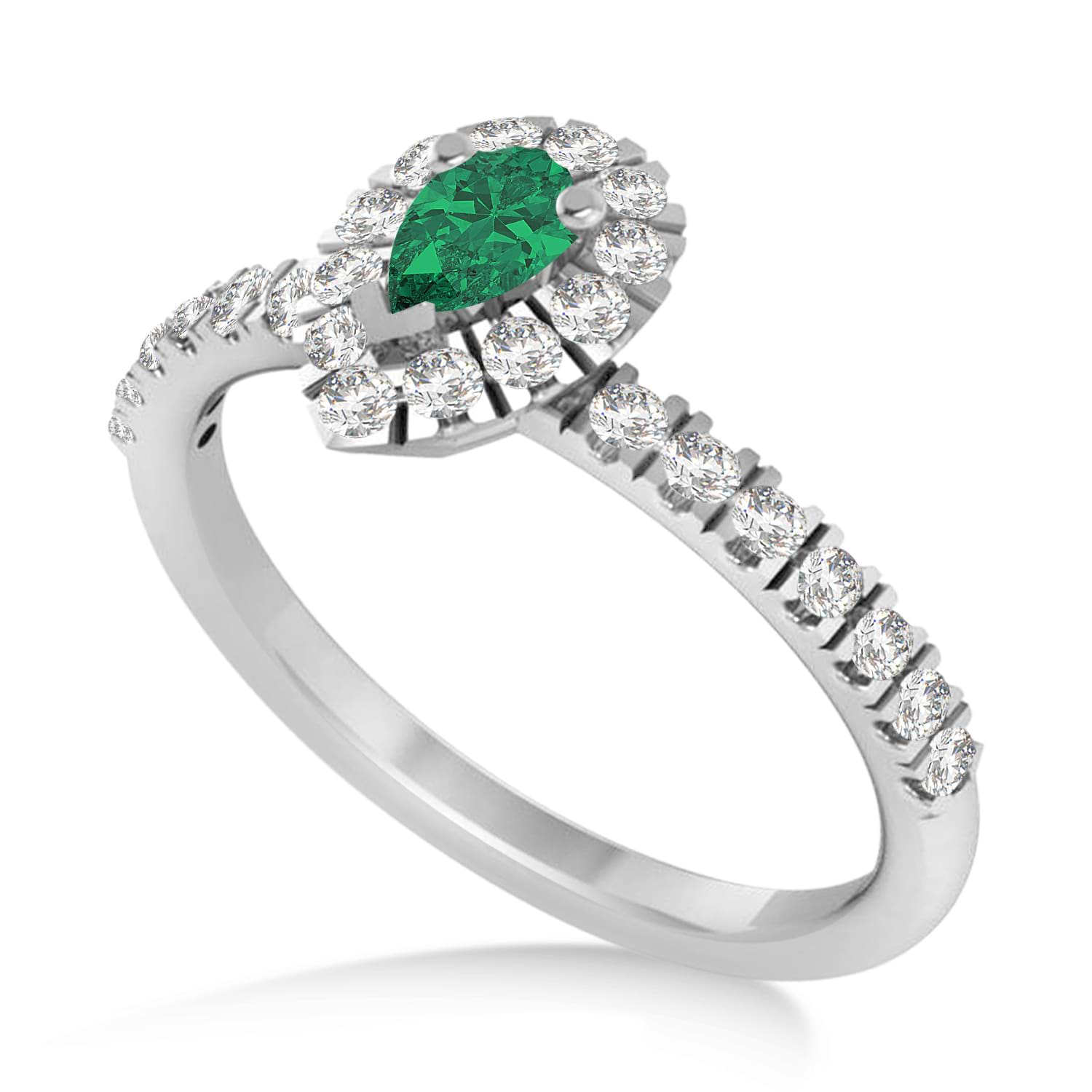 Pear Emerald & Diamond Halo Engagement Ring 14k White Gold (0.63ct)