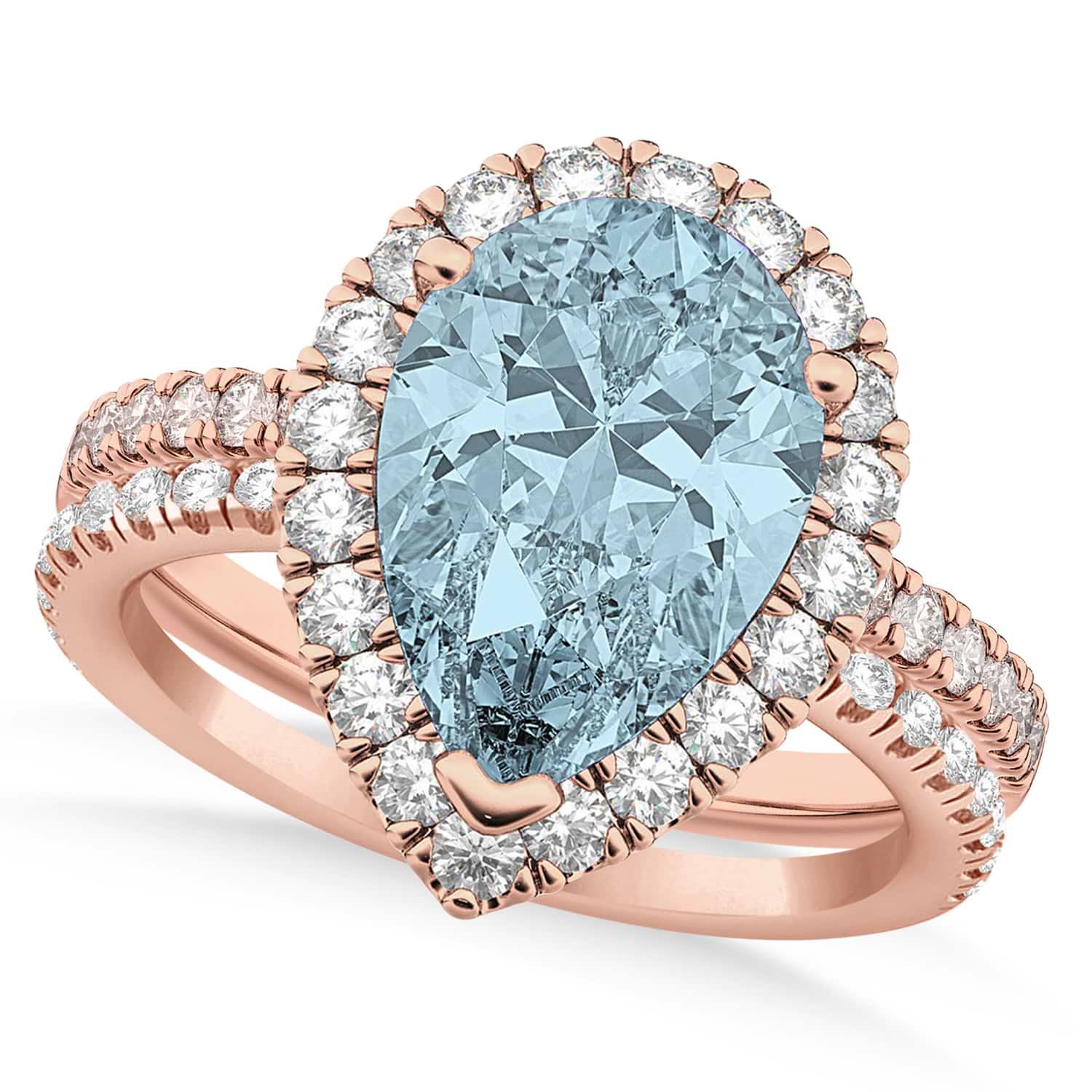 Aquamarine & Diamonds Pear-Cut Halo Bridal Set 14K Rose Gold (2.63ct)