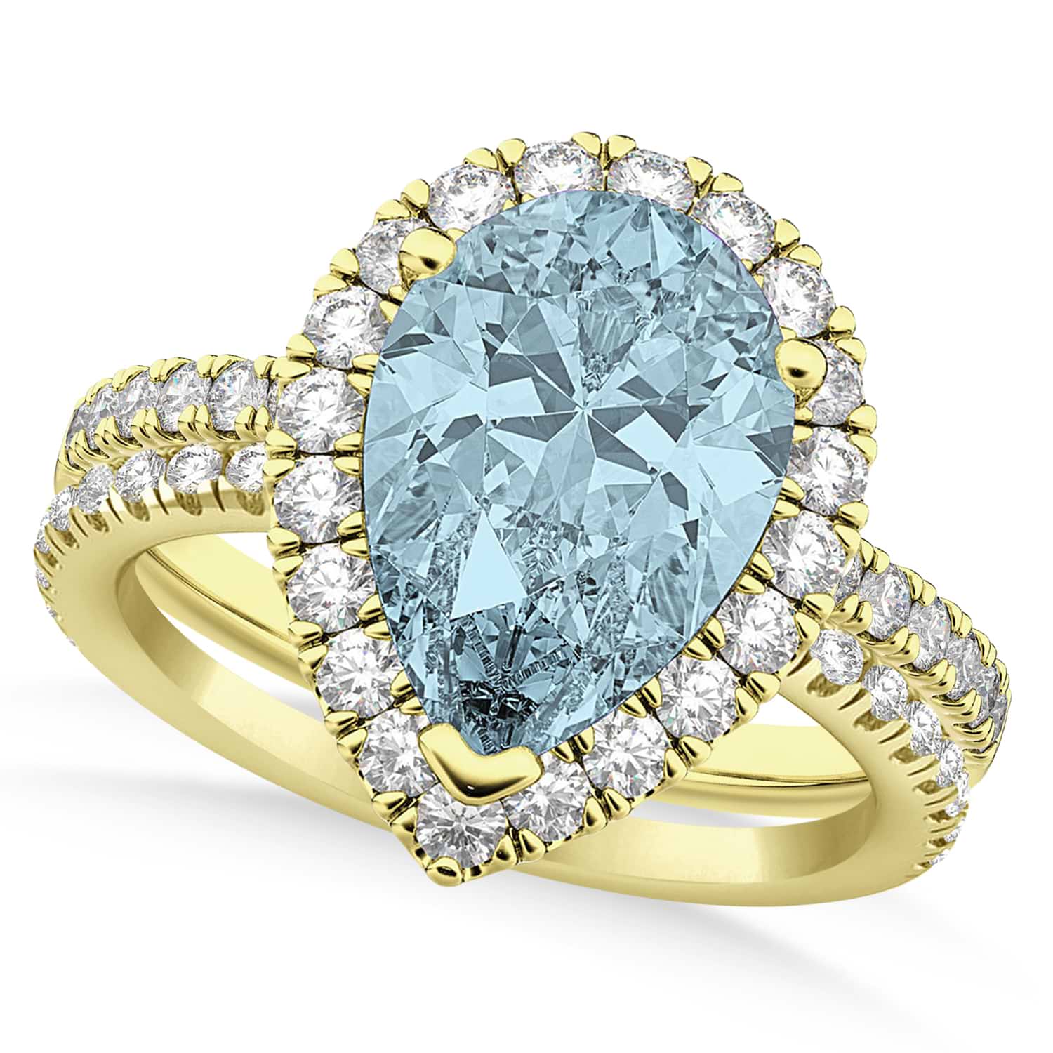 Aquamarine & Diamonds Pear-Cut Halo Bridal Set 14K Yellow Gold (2.63ct)
