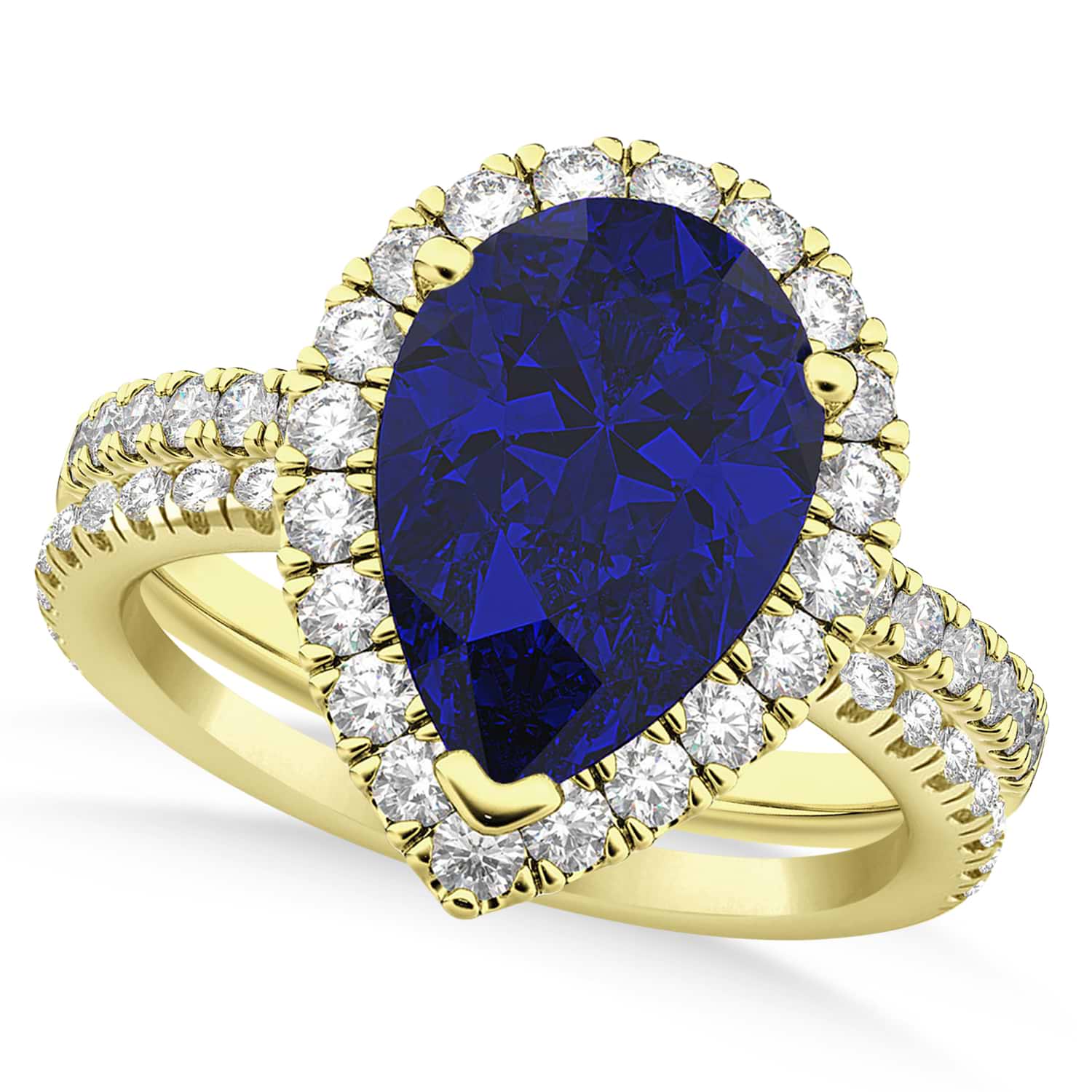 Lab Blue Sapphire & Lab Grown Diamonds Pear-Cut Halo Bridal Set 14K Yellow Gold (3.28ct)