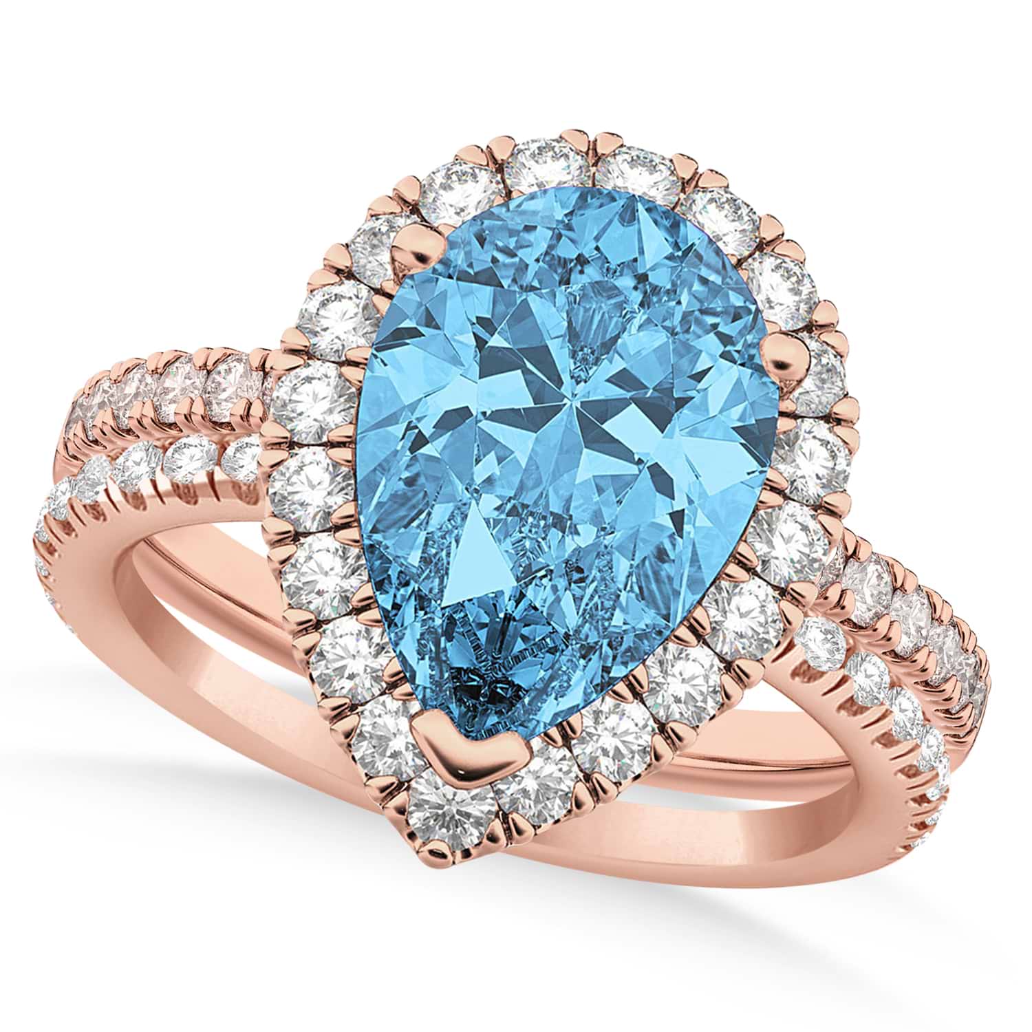 Blue Topaz & Diamonds Pear-Cut Halo Bridal Set 14K Rose Gold (2.18ct)
