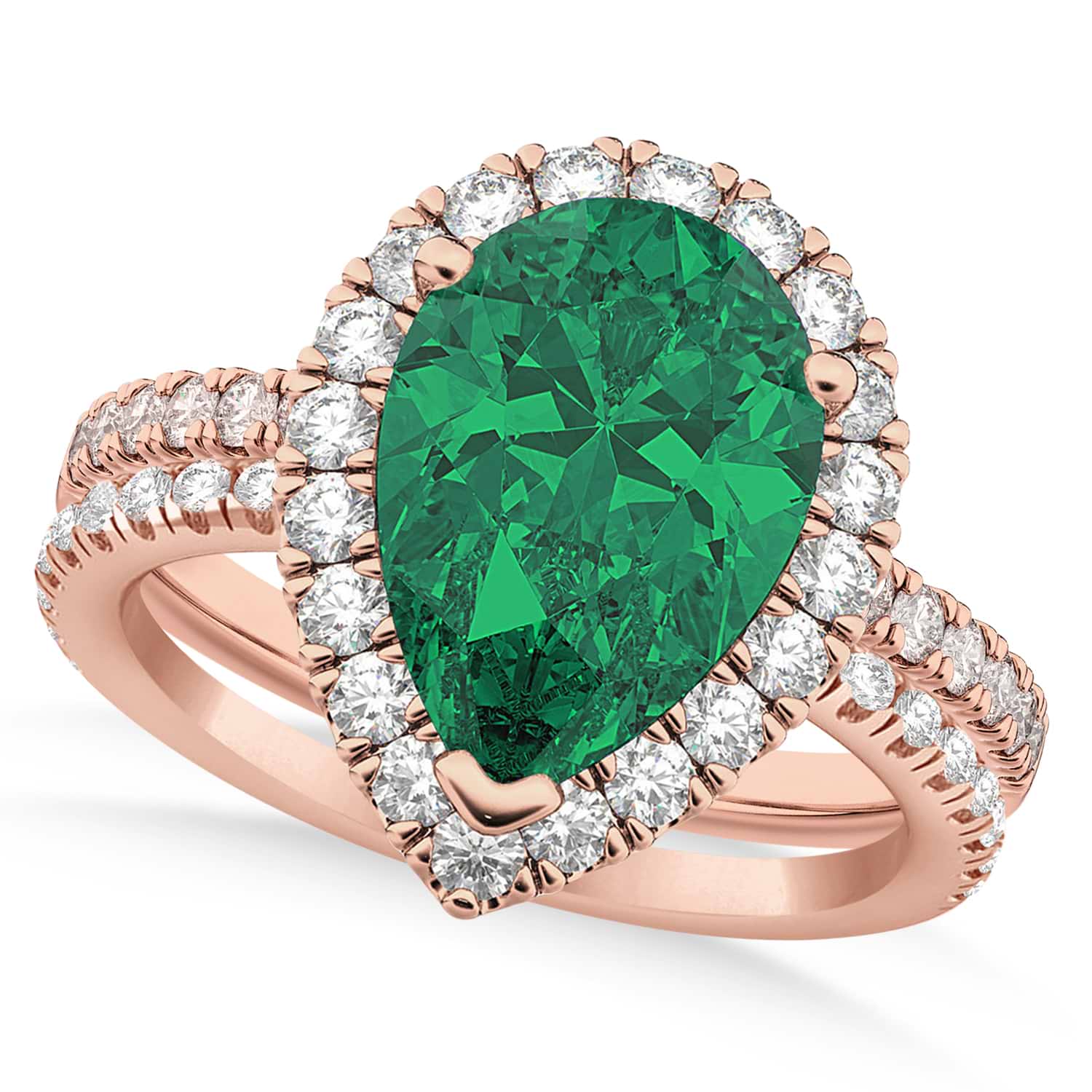 Emerald & Diamonds Pear-Cut Halo Bridal Set 14K Rose Gold (3.38ct)