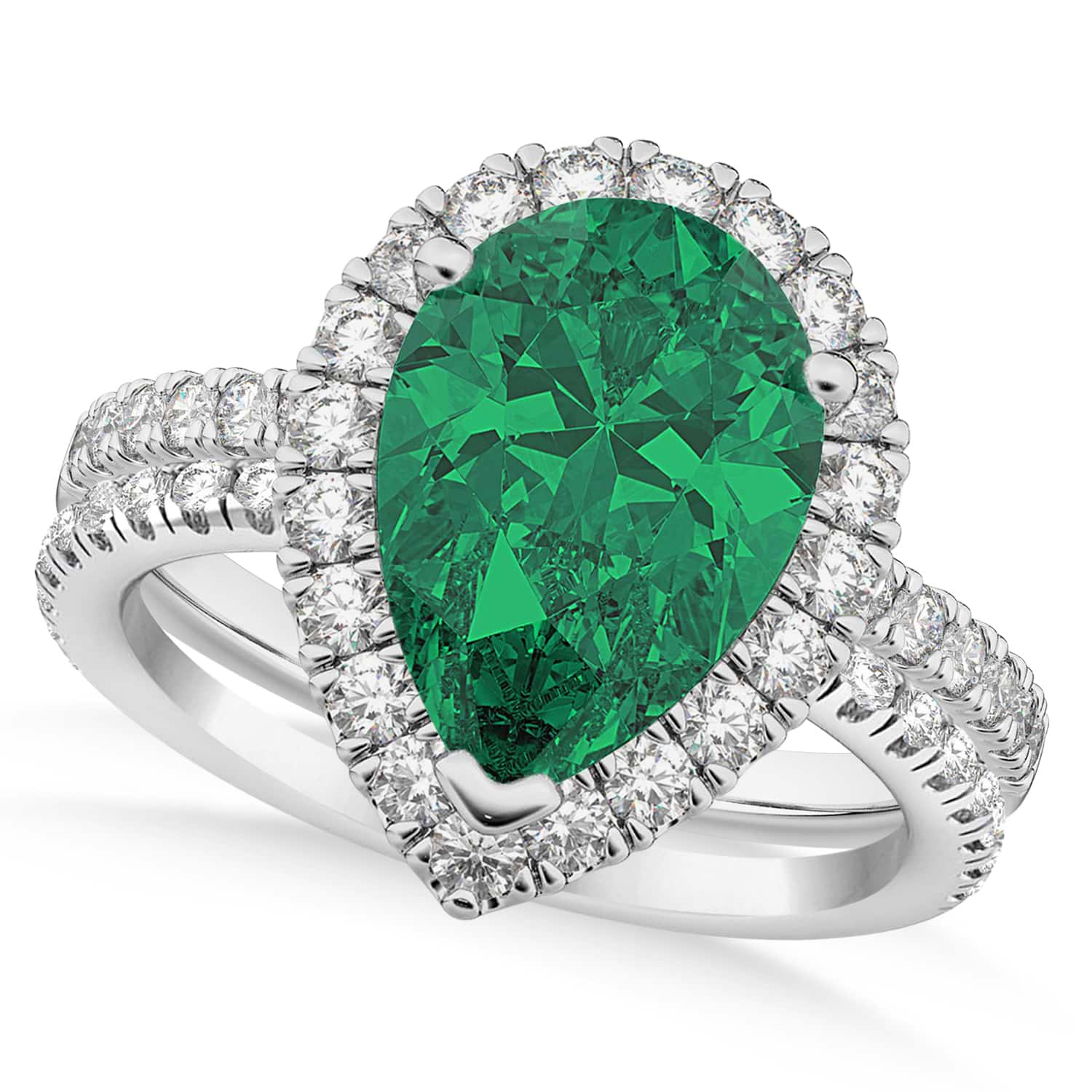 Lab Emerald & Lab Grown Diamonds Pear-Cut Halo Bridal Set 14K White Gold (3.38ct)