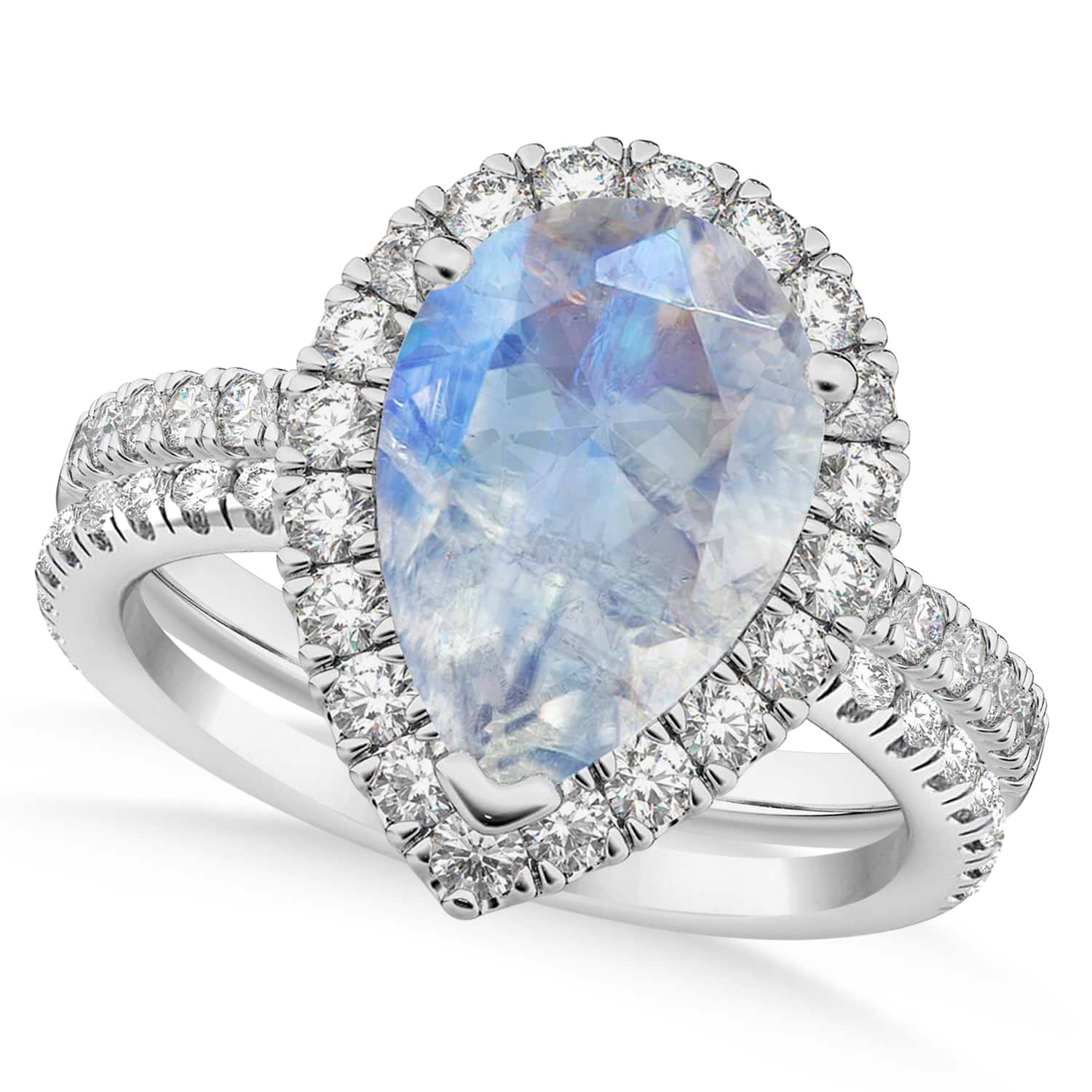 Moonstone & Diamonds Pear-Cut Halo Bridal Set 14K White Gold (2.78ct)