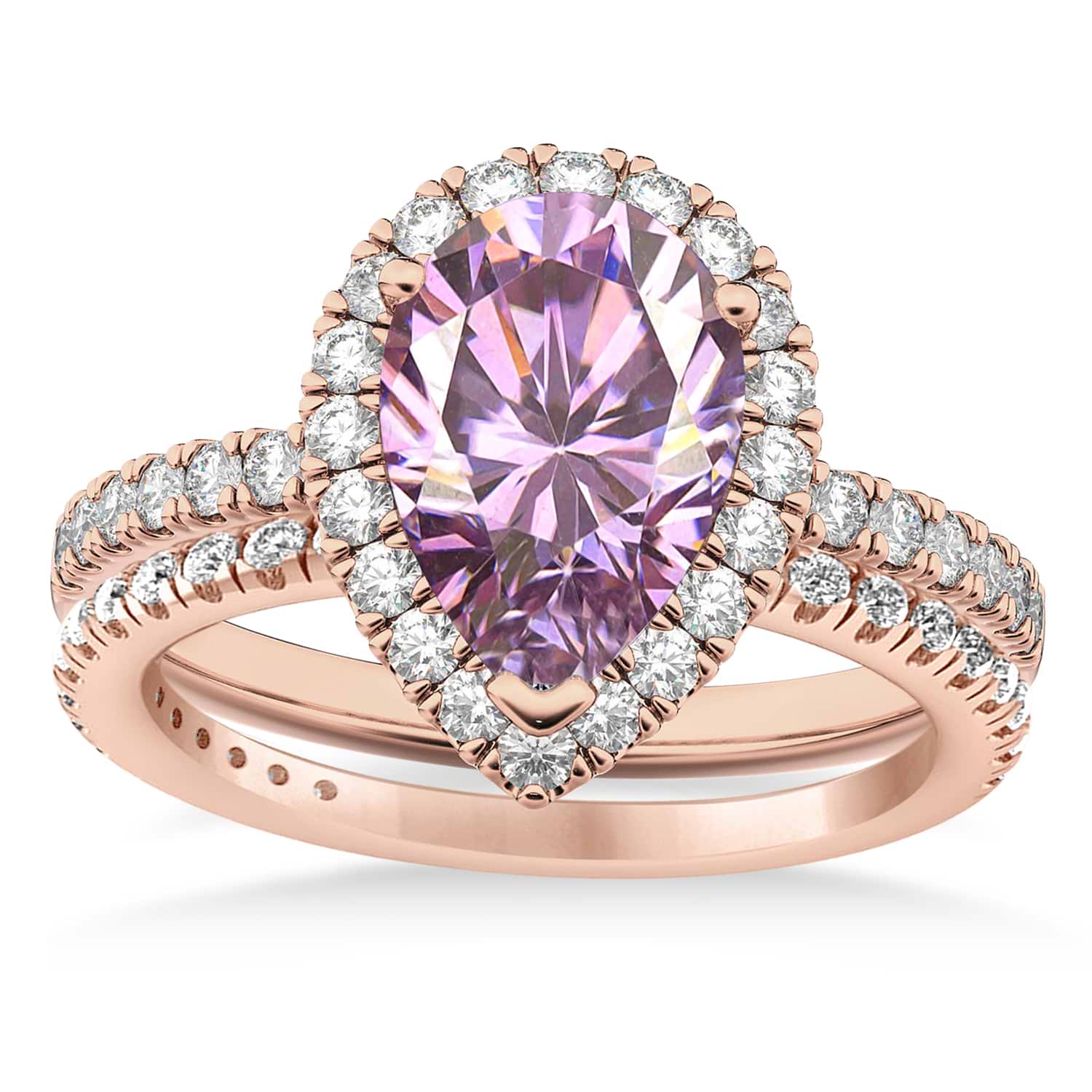 Pink Moissanite & Diamonds Pear-Cut Halo Bridal Set 14K Rose Gold (2.71ct)