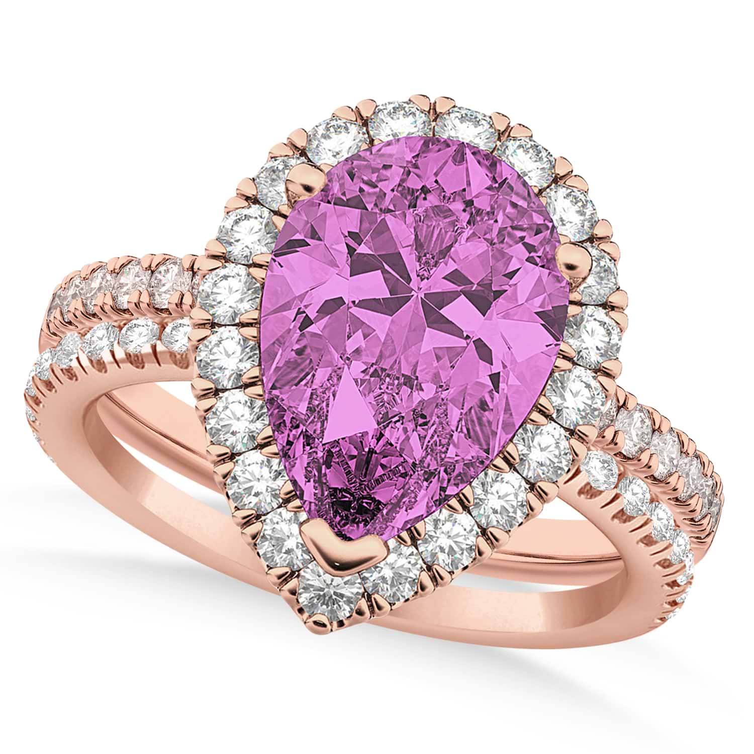 Pink Sapphire & Diamonds Pear-Cut Halo Bridal Set 14K Rose Gold (3.28ct)