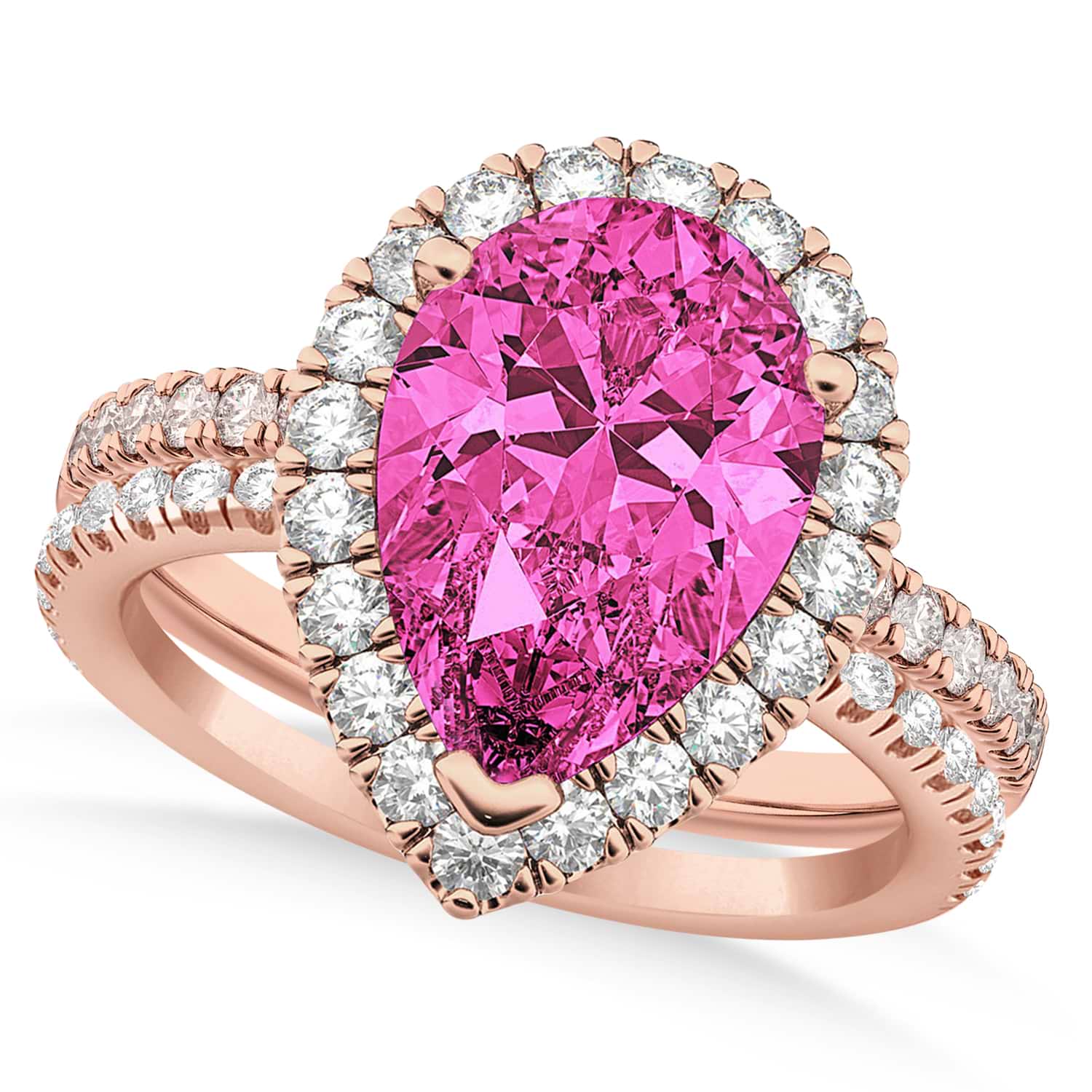 Pink Tourmaline & Diamonds Pear-Cut Halo Bridal Set 14K Rose Gold (2.18ct)