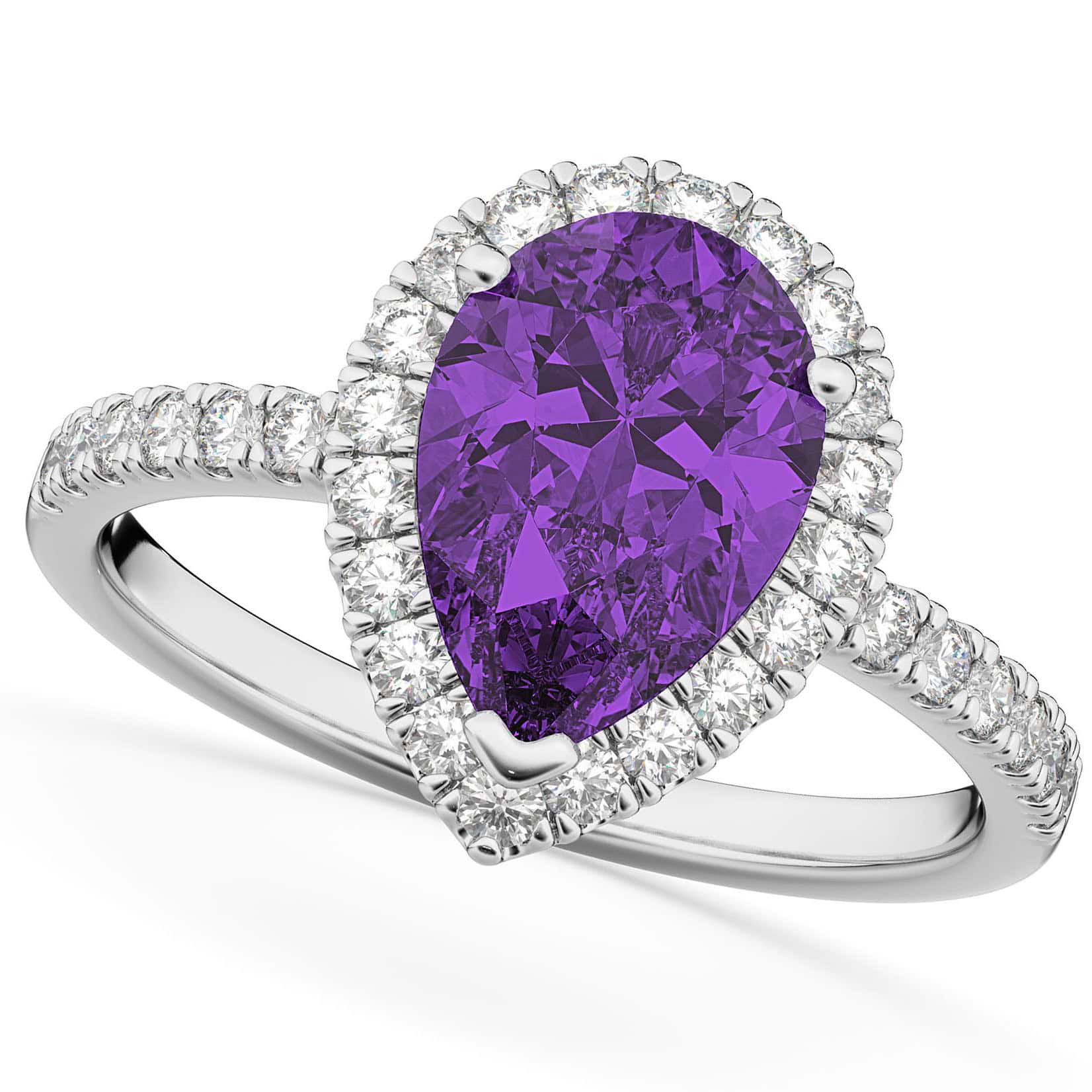 Pear Cut Halo Amethyst & Diamond Engagement Ring 14K White Gold 2.21ct
