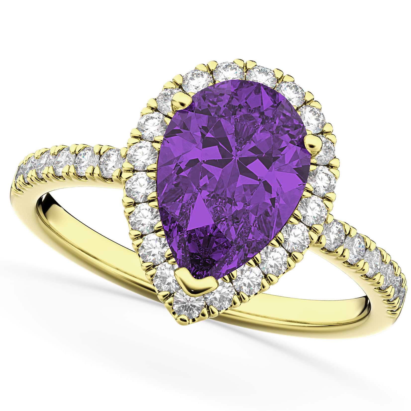 Pear Cut Halo Amethyst & Diamond Engagement Ring 14K Yellow Gold 2.21ct
