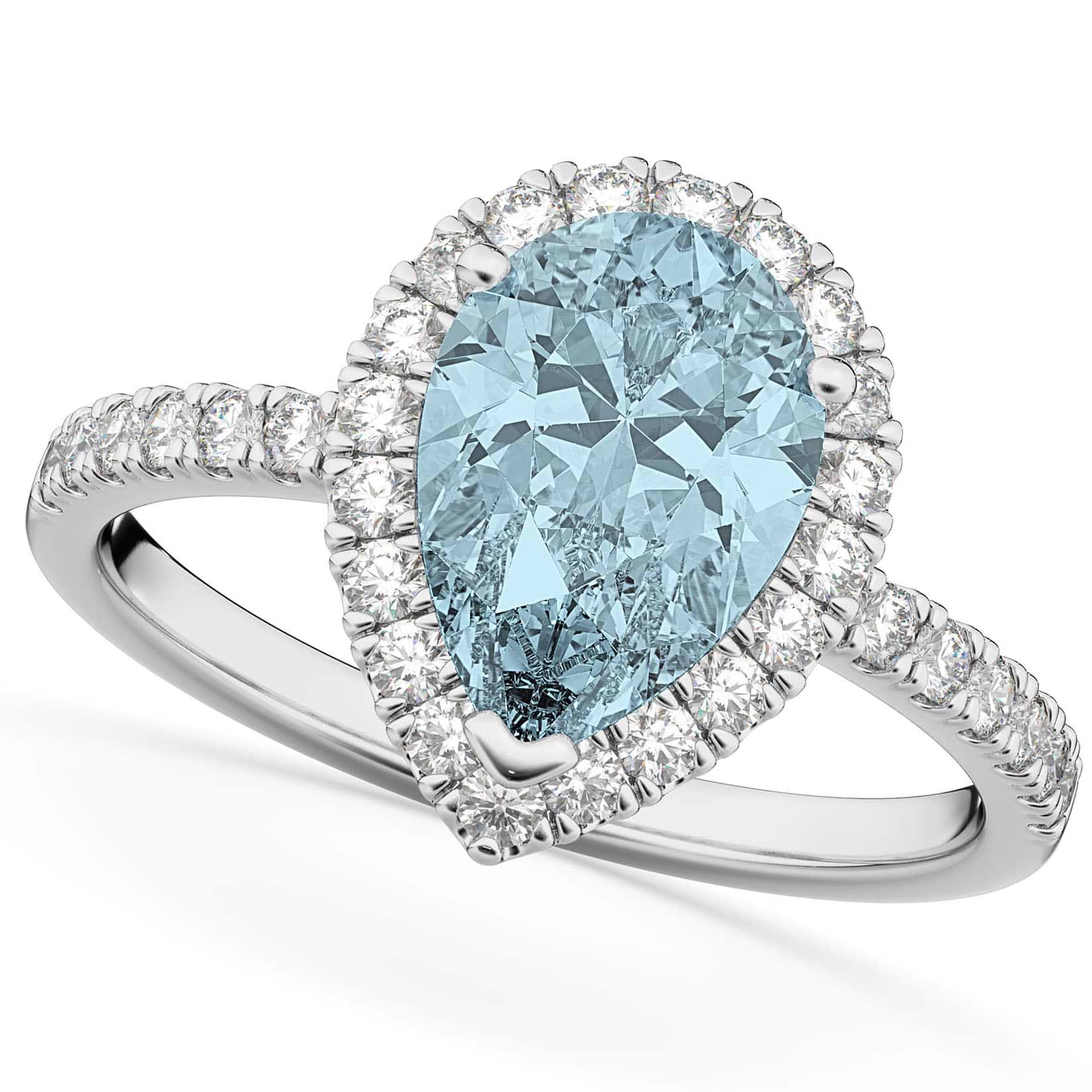 Pear Cut Halo Aquamarine & Diamond Engagement Ring 14K White Gold 2.36ct