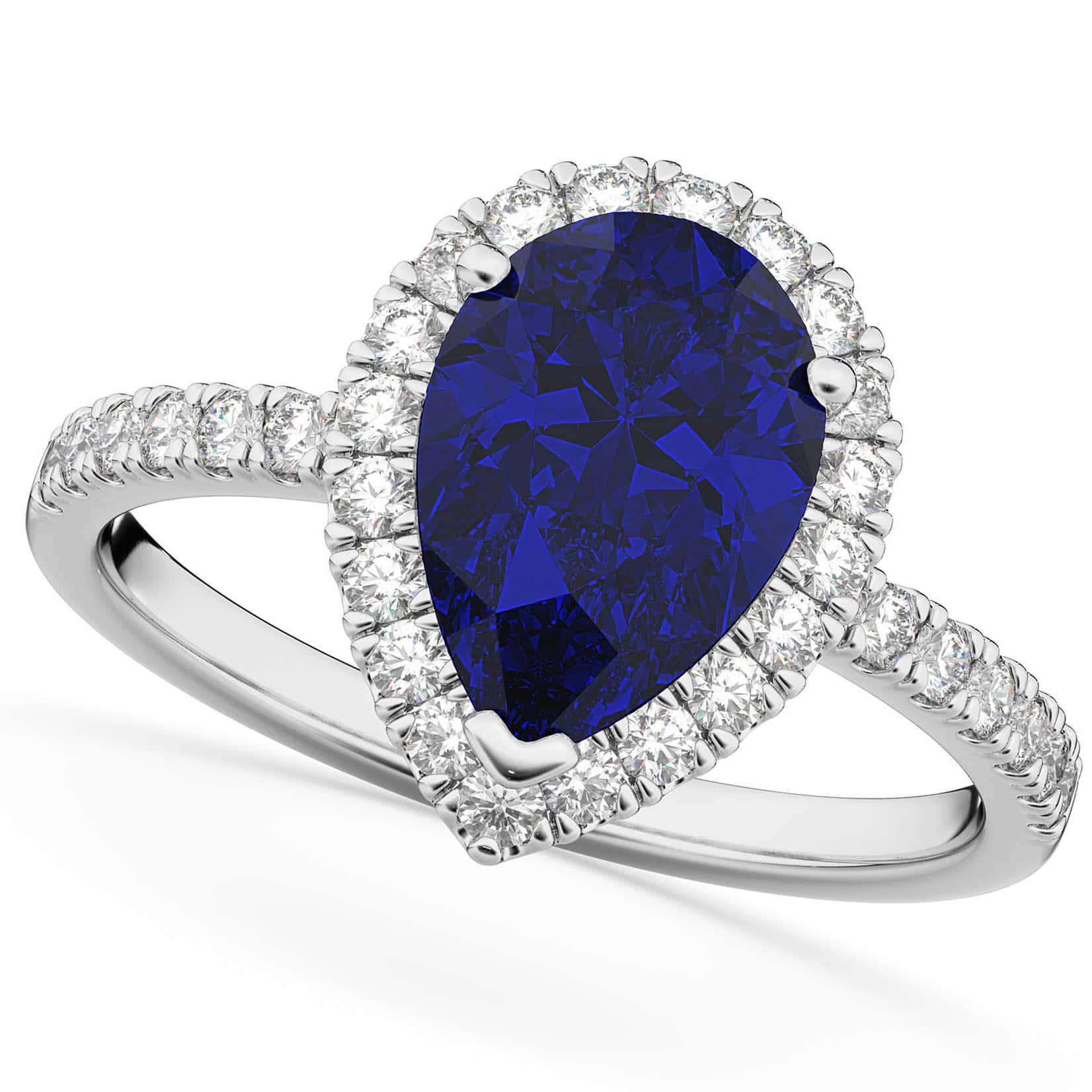 Pear Cut Halo Blue Sapphire & Diamond Engagement Ring 14K White Gold 3.01ct