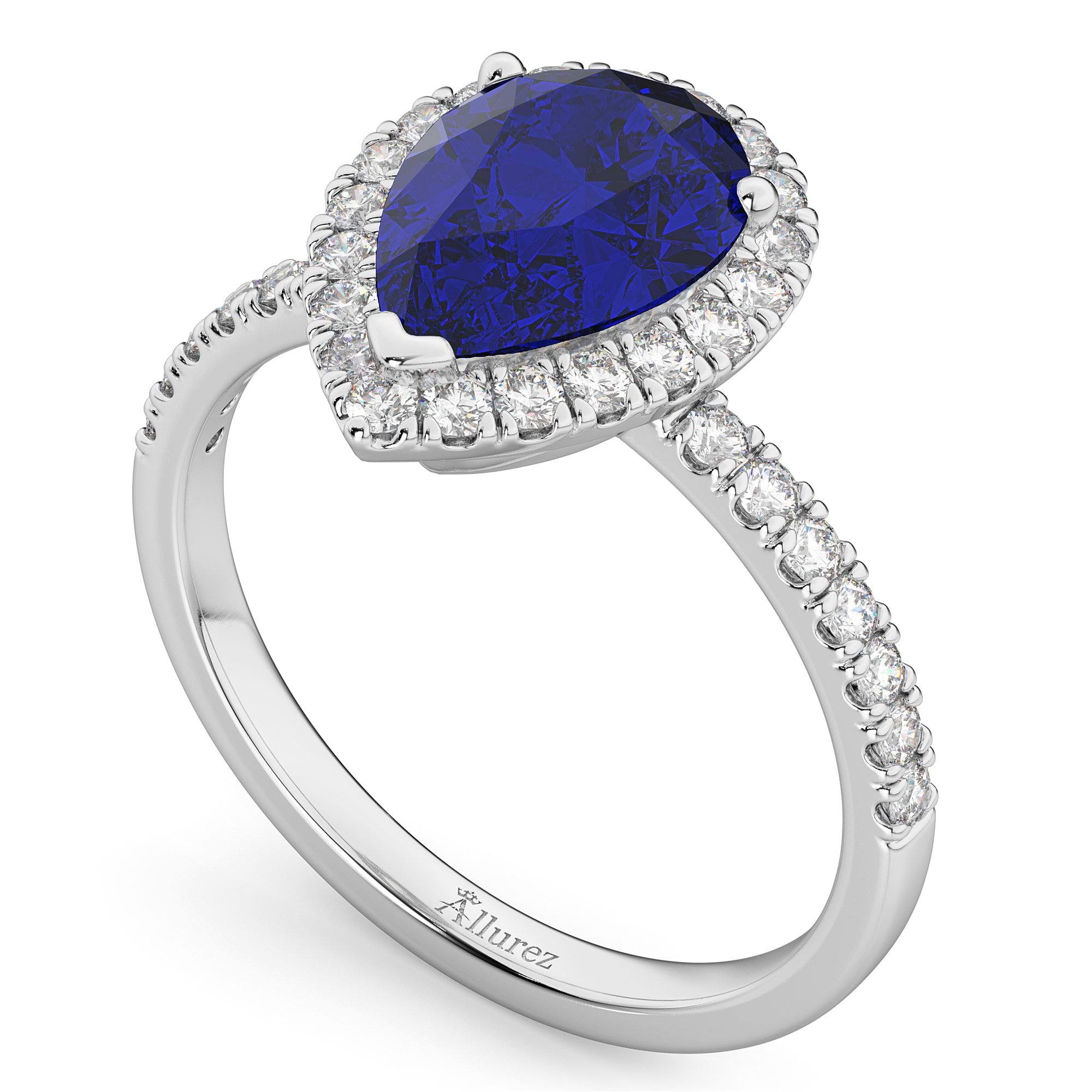 Pear Cut Halo Blue Sapphire & Diamond Engagement Ring 14K White Gold 3.01ct