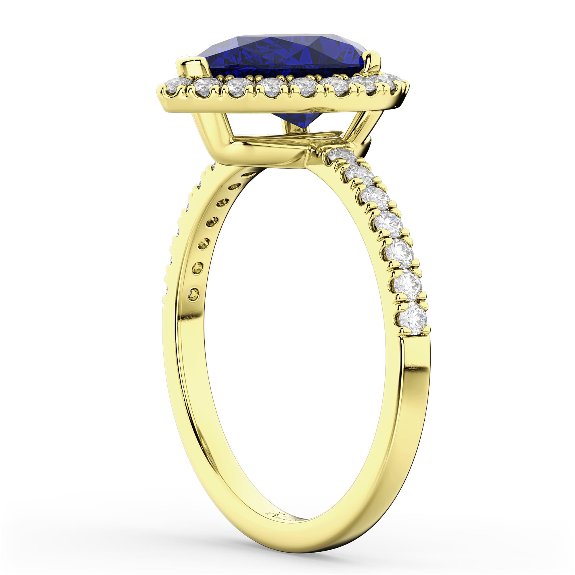Pear Cut Halo Blue Sapphire & Diamond Engagement Ring 14K Yellow Gold 3.01ct