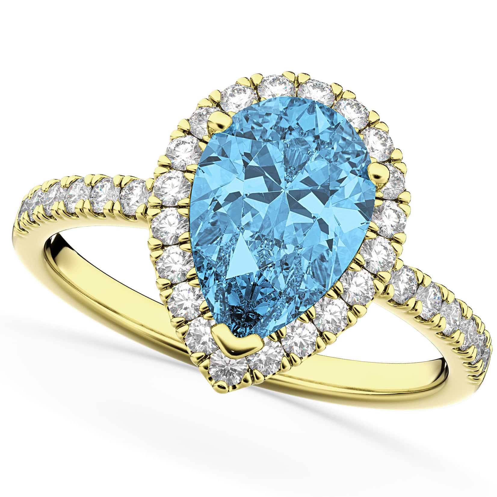 Pear Cut Halo Blue Topaz & Diamond Engagement Ring 14K Yellow Gold 1.91ct