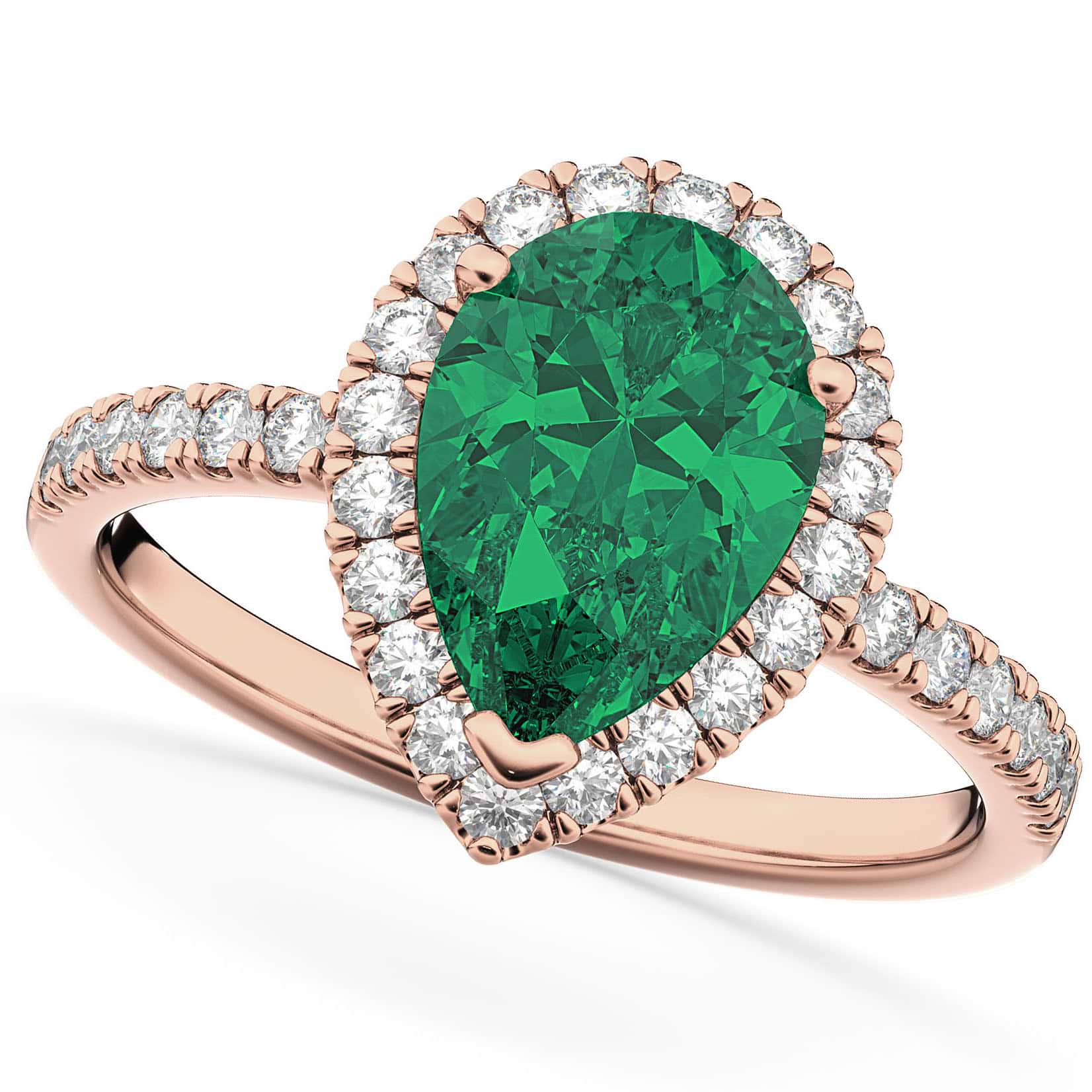 Pear Cut Halo Emerald & Diamond Engagement Ring 14K Rose Gold 3.21ct